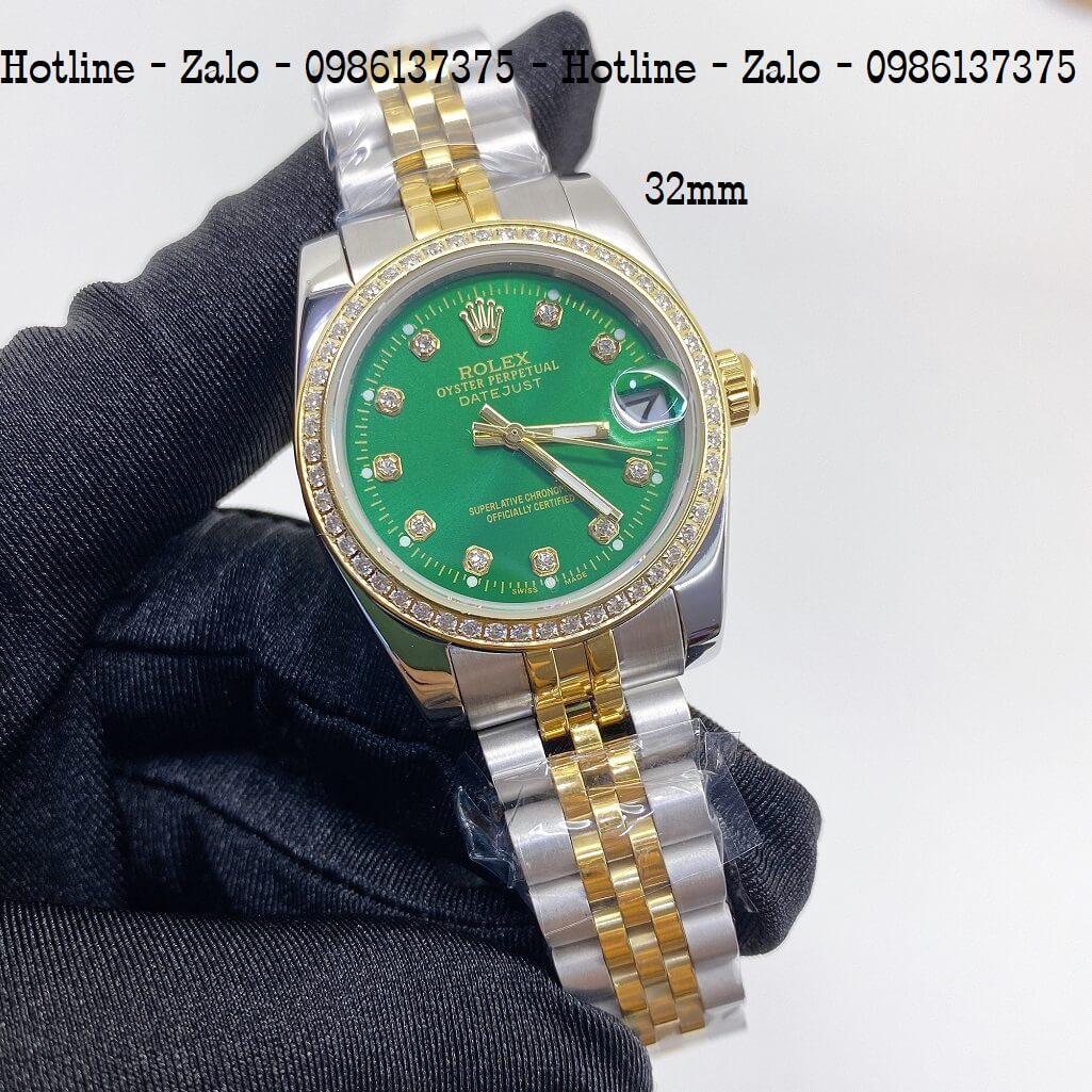 Đồng Hồ Rolex Nữ Demi Vàng Mặt Xanh Lá Máy Pin 32mm