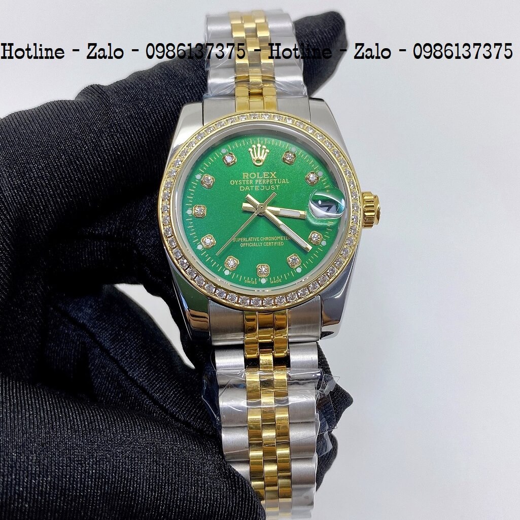 Đồng Hồ Rolex Nữ Demi Vàng Mặt Xanh Lá Máy Pin 32mm