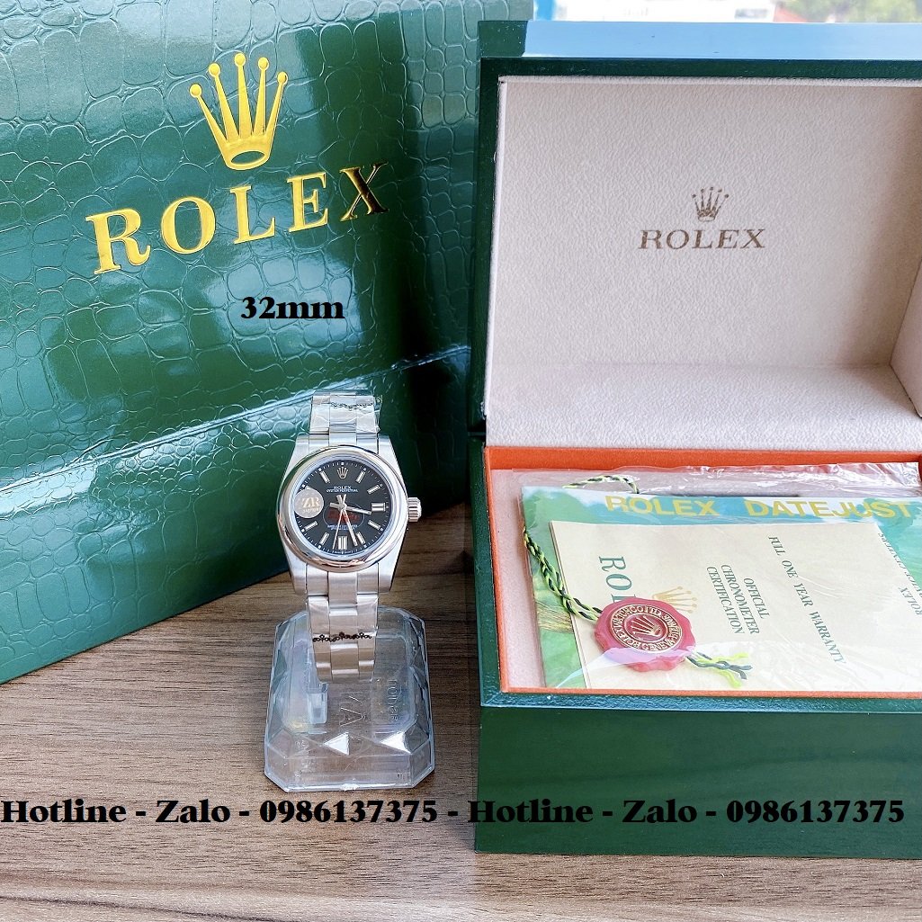 Đồng Hồ Rolex Nữ Automatic Dây Bạc Mặt Đen 32mm