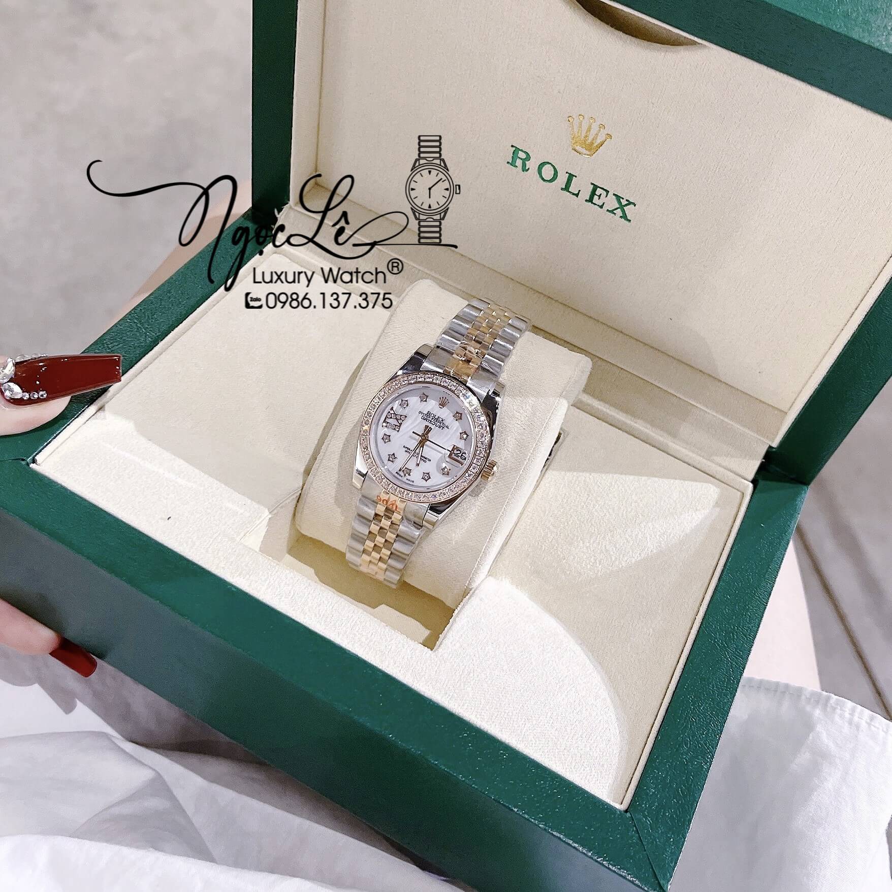 Đồng Hồ Nữ Rolex Datejust Pin Dây Kim Loại Demi Rose Mặt Xà Cừ Đính Đá Size 32mm