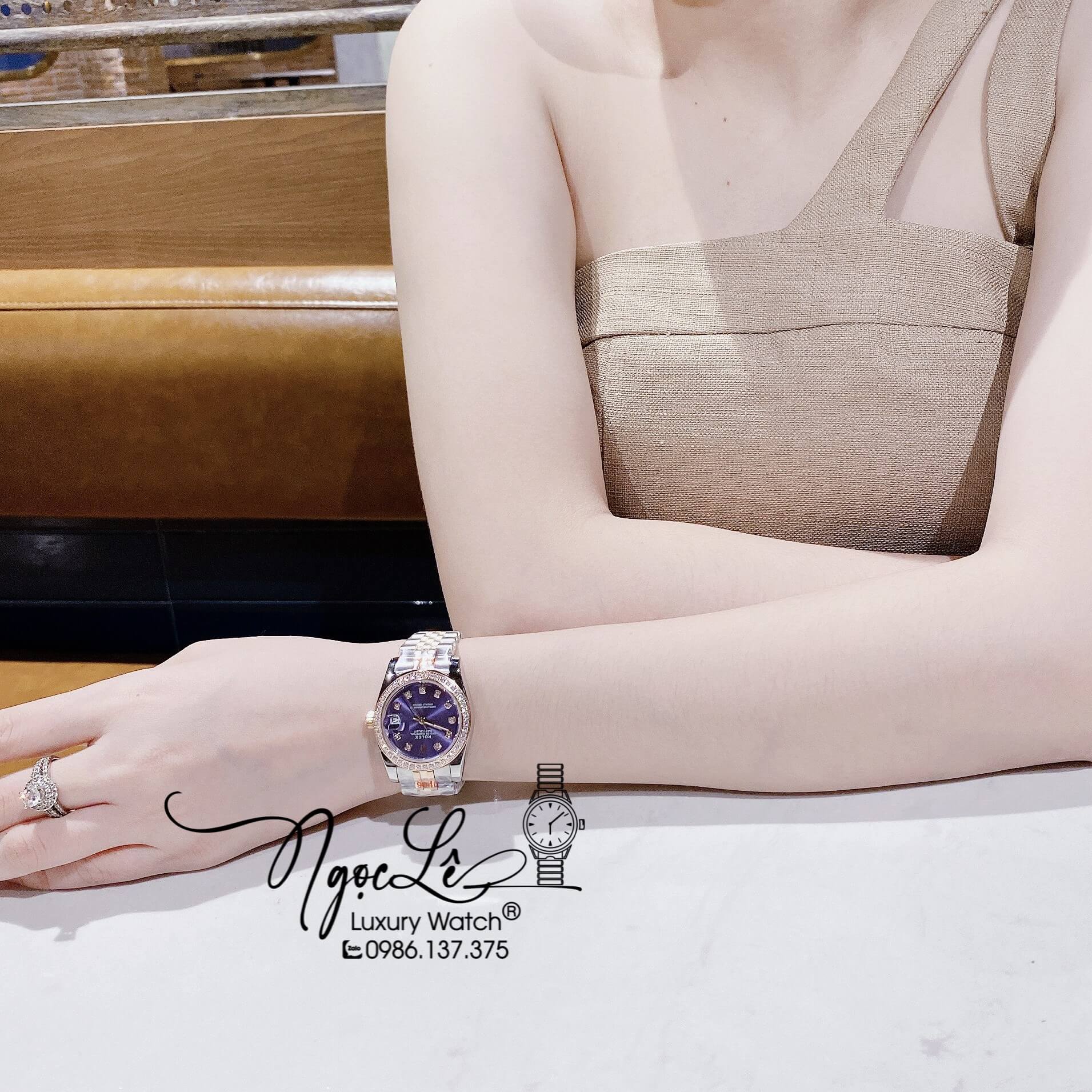 Đồng Hồ Nữ Rolex Datejust Pin Dây Kim Loại Demi Rose Mặt Tím Đính Đá Size 32mm