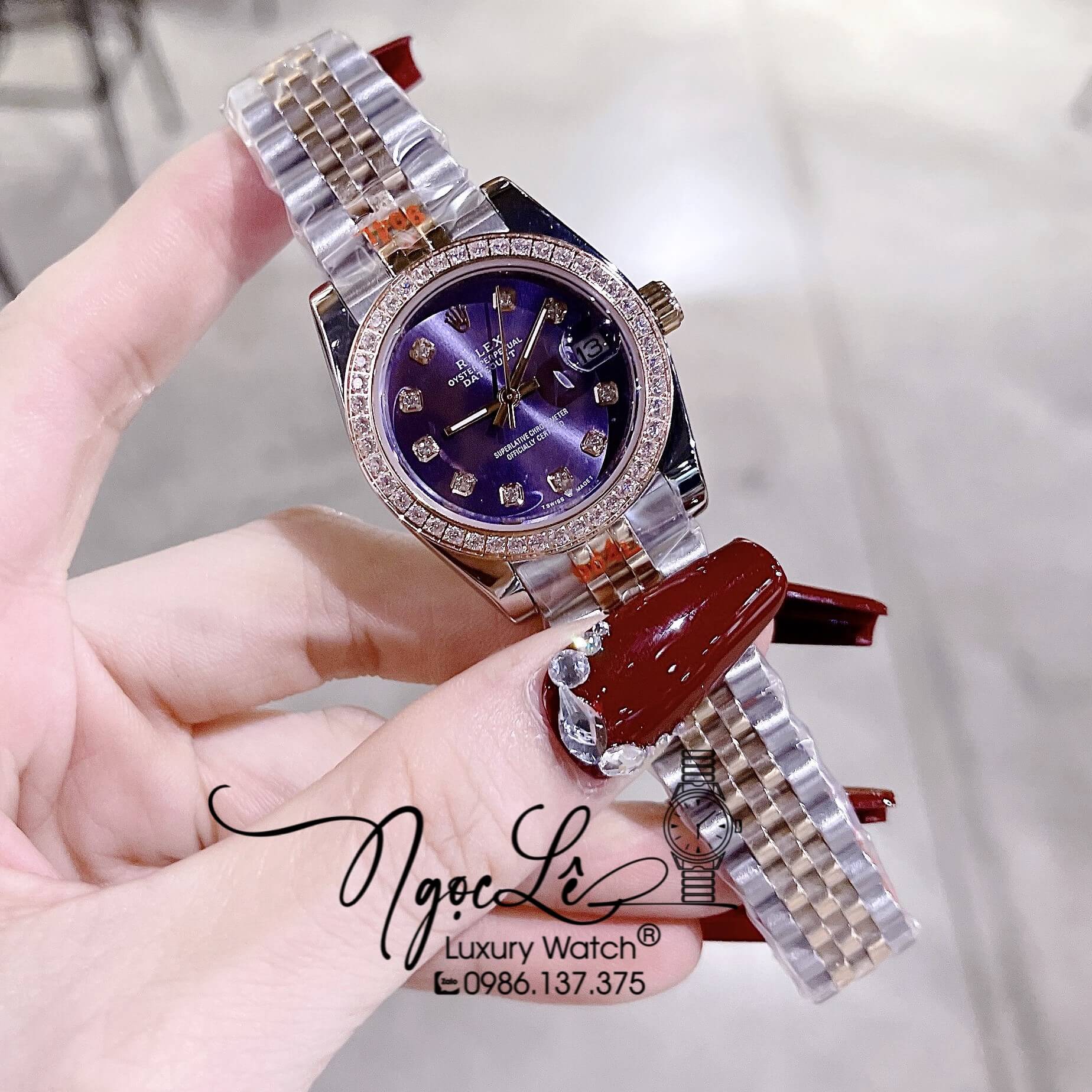 Đồng Hồ Nữ Rolex Datejust Pin Dây Kim Loại Demi Rose Mặt Tím Đính Đá Size 32mm