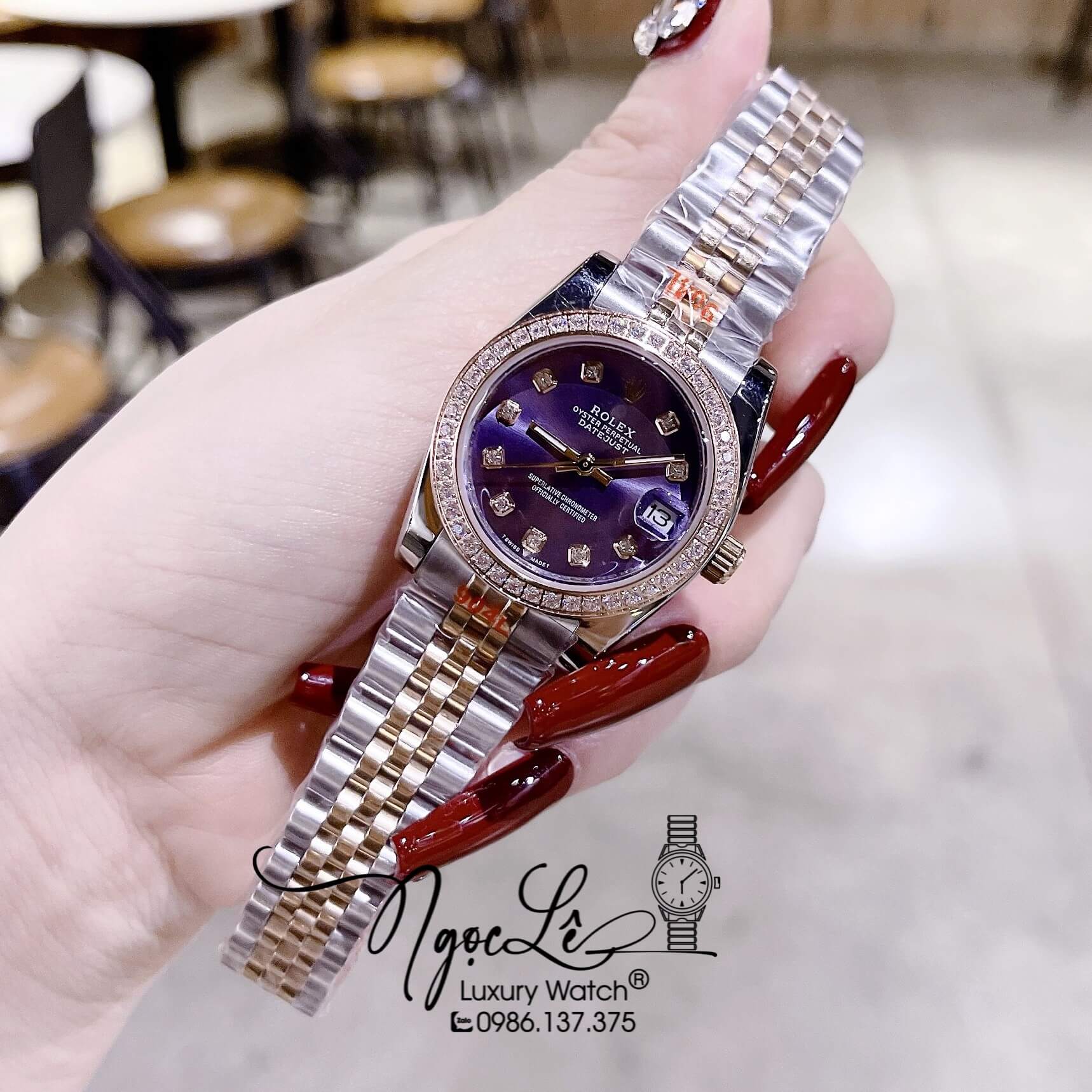 Đồng Hồ Nữ Rolex Datejust Pin Dây Kim Loại Demi Rose Mặt Tím Đính Đá Size 32mm