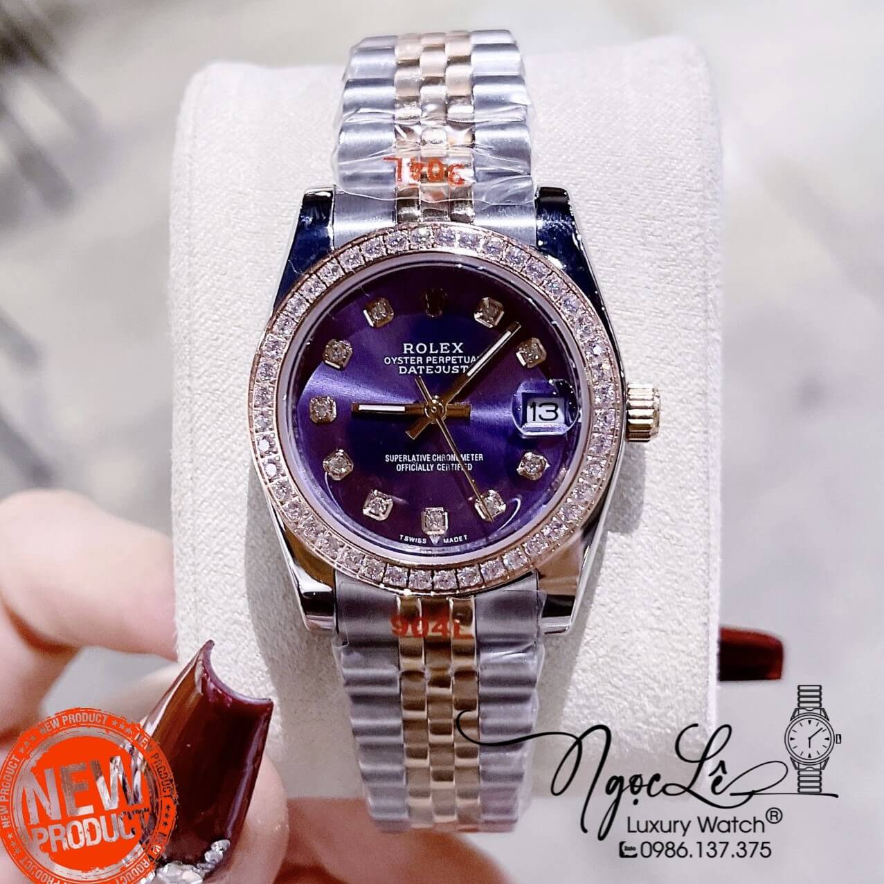 Đồng Hồ Nữ Rolex Datejust Pin Dây Kim Loại Demi Rose Mặt Tím Đính Đá Size 32mm