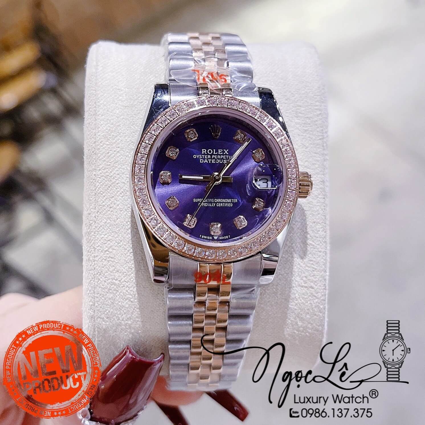 Đồng Hồ Nữ Rolex Datejust Pin Dây Kim Loại Demi Rose Mặt Tím Đính Đá Size 32mm