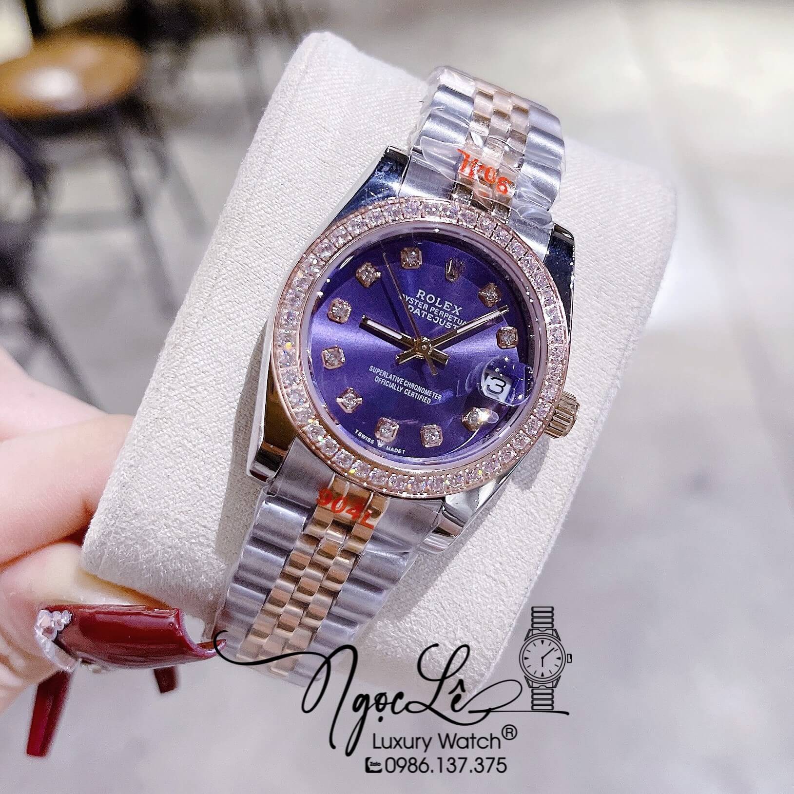 Đồng Hồ Nữ Rolex Datejust Pin Dây Kim Loại Demi Rose Mặt Tím Đính Đá Size 32mm