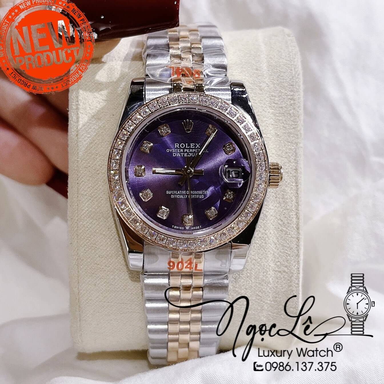 Đồng Hồ Nữ Rolex Datejust Pin Dây Kim Loại Demi Rose Mặt Tím Đính Đá Size 32mm
