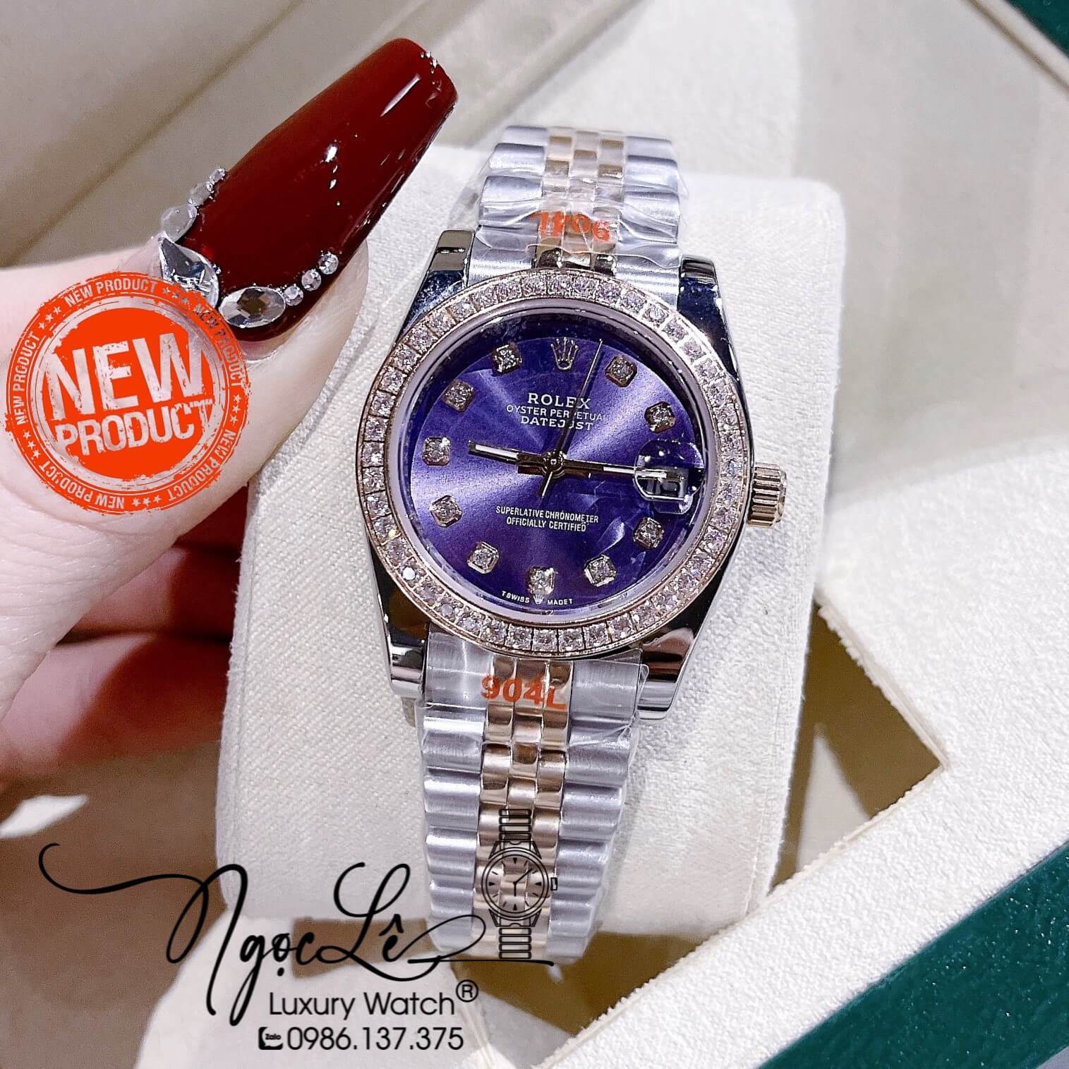 Đồng Hồ Nữ Rolex Datejust Pin Dây Kim Loại Demi Rose Mặt Tím Đính Đá Size 32mm