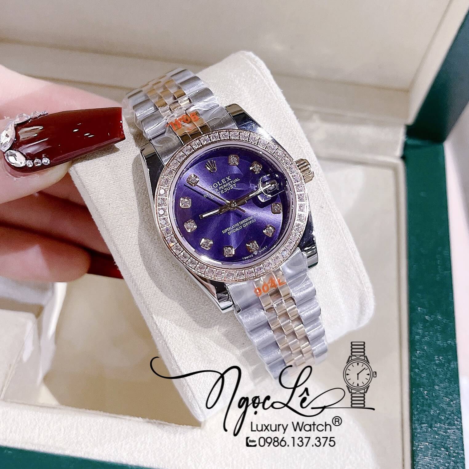 Đồng Hồ Nữ Rolex Datejust Pin Dây Kim Loại Demi Rose Mặt Tím Đính Đá Size 32mm