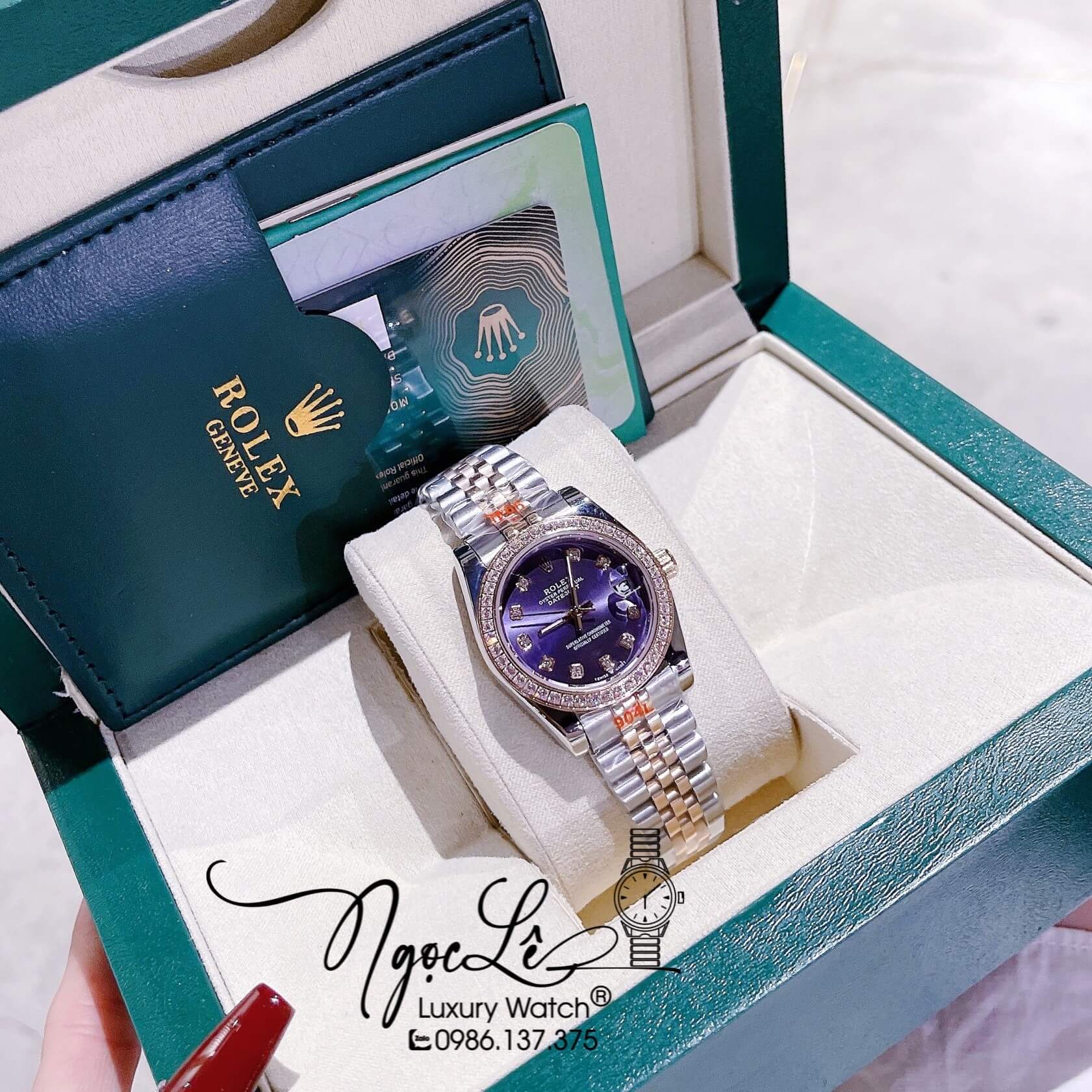 Đồng Hồ Nữ Rolex Datejust Pin Dây Kim Loại Demi Rose Mặt Tím Đính Đá Size 32mm
