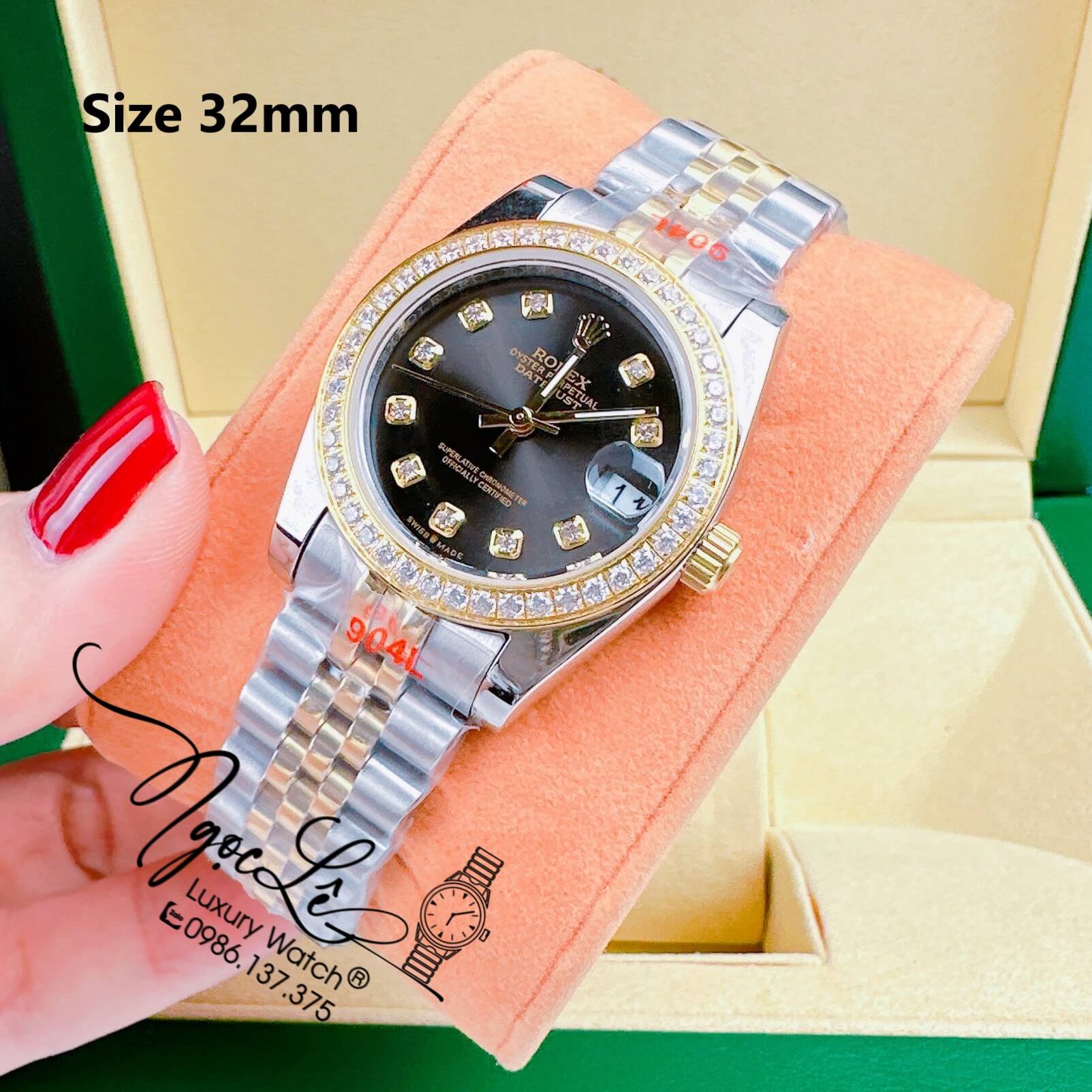 Đồng Hồ Nữ Rolex Datejust Pin Dây Kim Loại Demi Vàng Mặt Đen Đính Đá Size 32mm