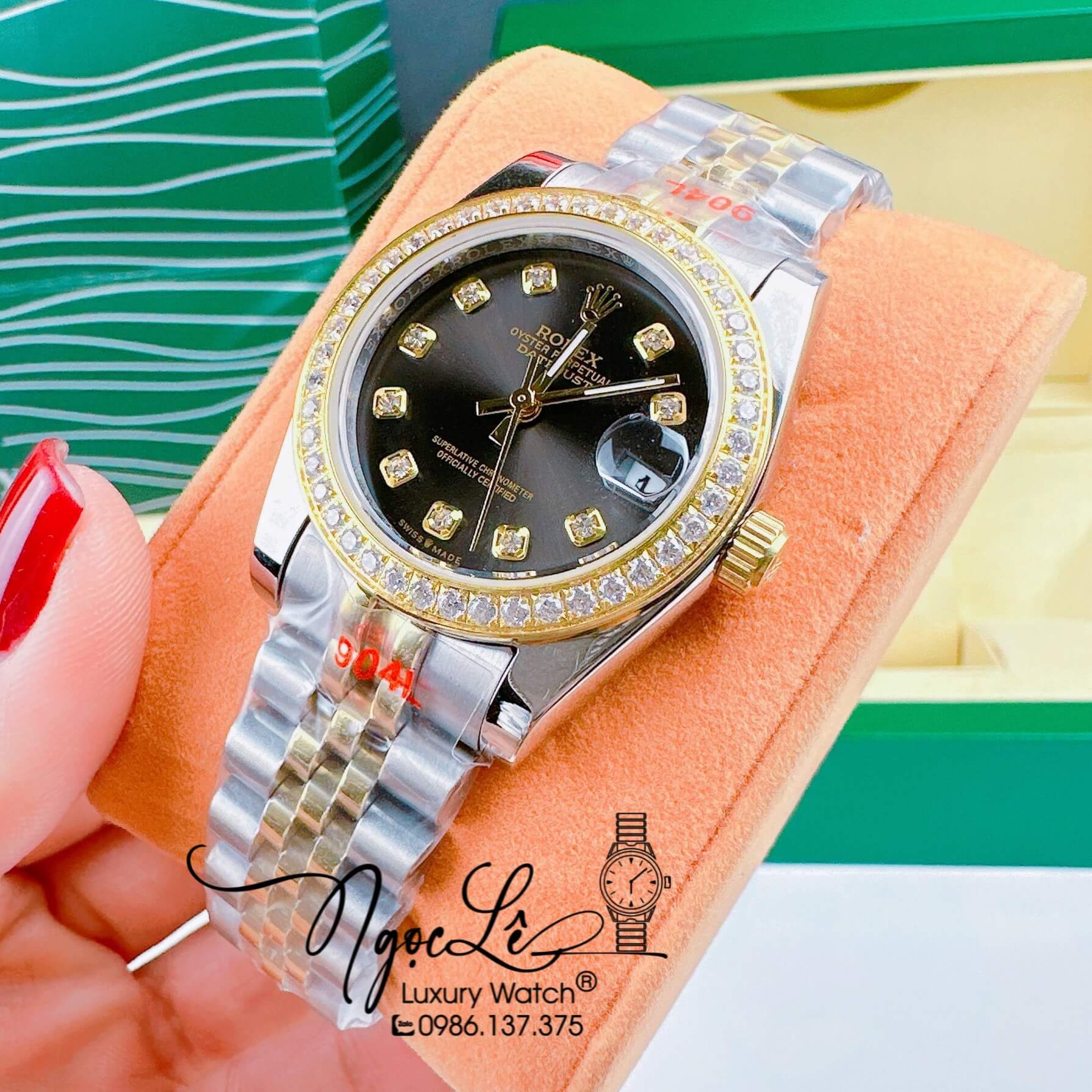 Đồng Hồ Nữ Rolex Datejust Pin Dây Kim Loại Demi Vàng Mặt Đen Đính Đá Size 32mm