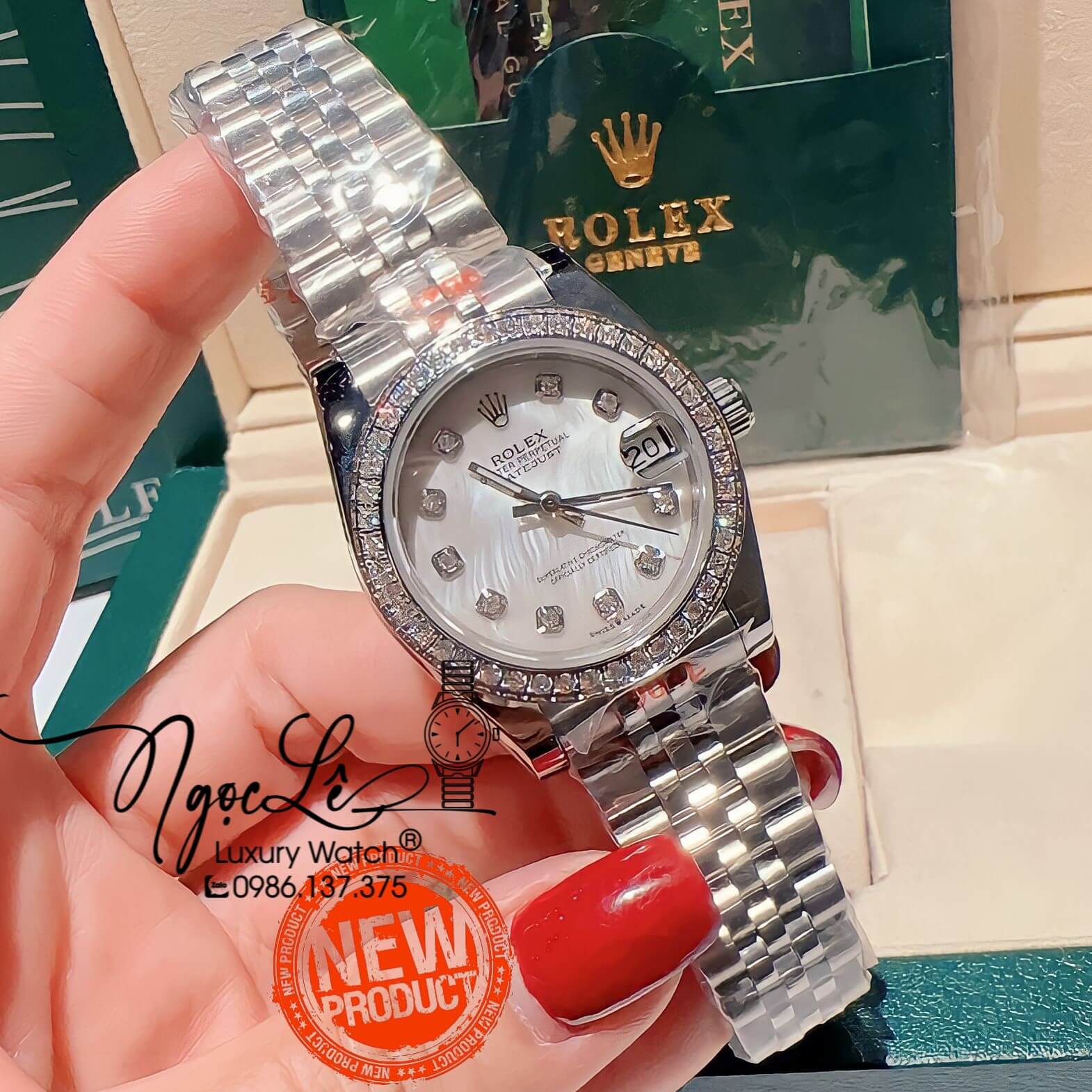 Đồng Hồ Cặp Rolex Datejust Pin Dây Kim Loại Bạc Mặt Xà Cừ Đính Đá 36mm - 31mm