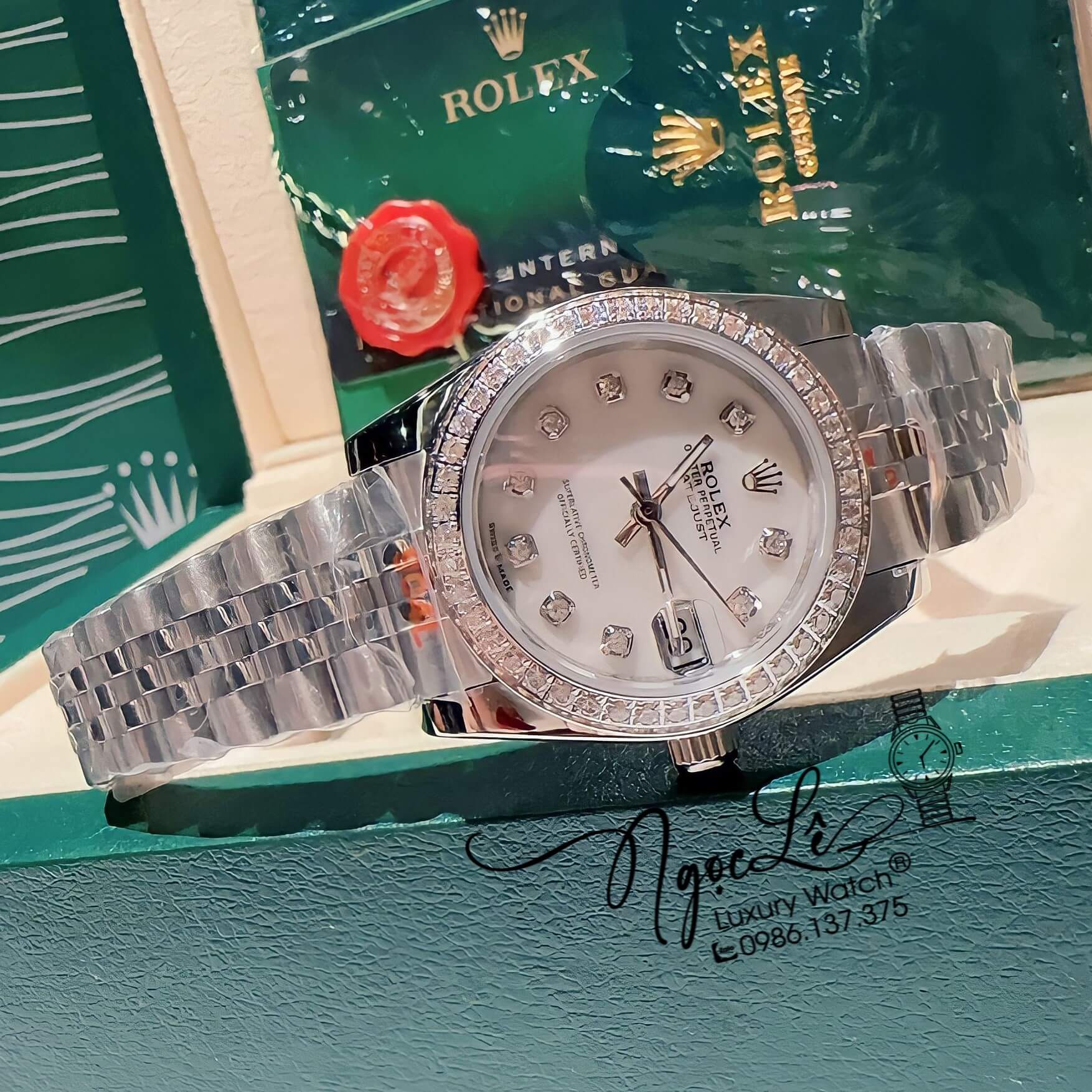 Đồng Hồ Cặp Rolex Datejust Pin Dây Kim Loại Bạc Mặt Xà Cừ Đính Đá 36mm - 31mm