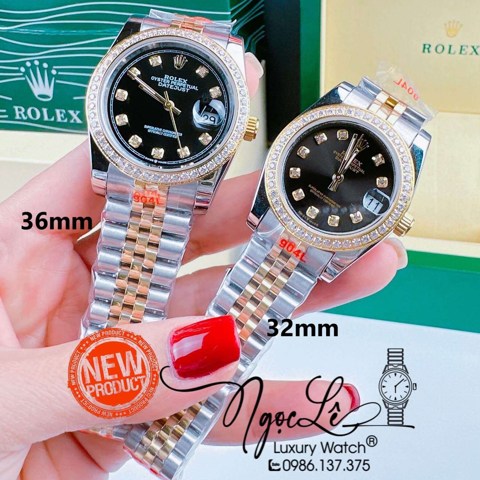 Đồng Hồ Cặp Rolex Datejust Pin Dây Kim Loại Demi Vàng Mặt Đen Đính Đá 36mm - 31mm