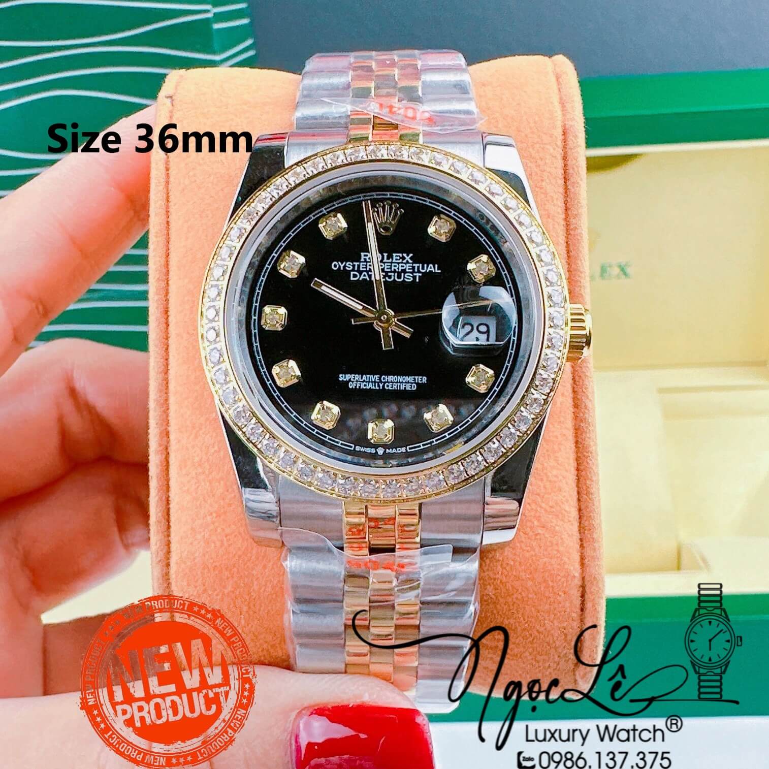 Đồng Hồ Nam Rolex Datejust Pin Dây Kim Loại Demi Vàng Mặt Đen Đính Đá Size 36mm