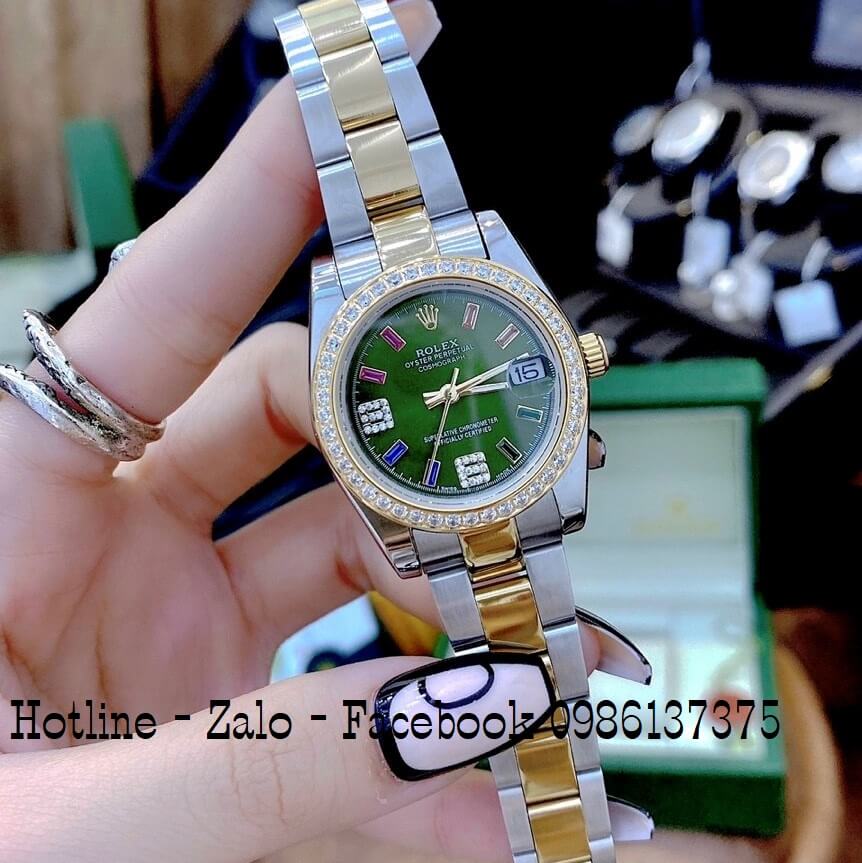 Đồng Hồ Nữ Rolex Demi Vàng Mặt Xanh Đính Đá Màu Siêu Cấp 32mm Quartz