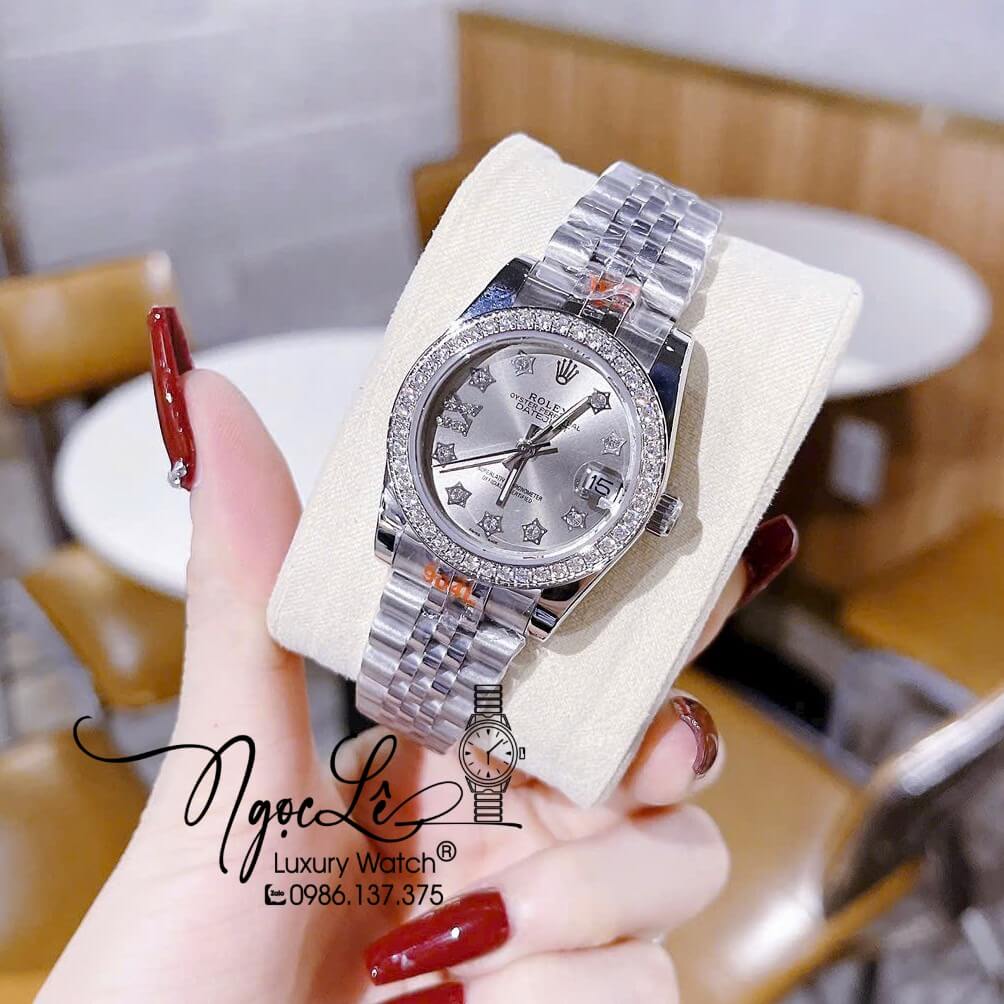 Đồng Hồ Nữ Rolex Datejust Máy Pin Dây Kim Loại Bạc Mặt Xám Đính Đá 32mm