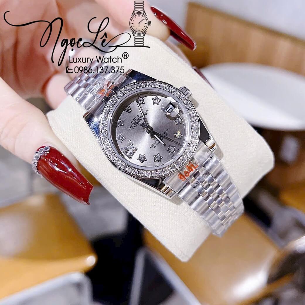 Đồng Hồ Nữ Rolex Datejust Máy Pin Dây Kim Loại Bạc Mặt Xám Đính Đá 32mm