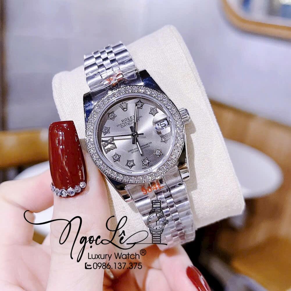 Đồng Hồ Nữ Rolex Datejust Máy Pin Dây Kim Loại Bạc Mặt Xám Đính Đá 32mm