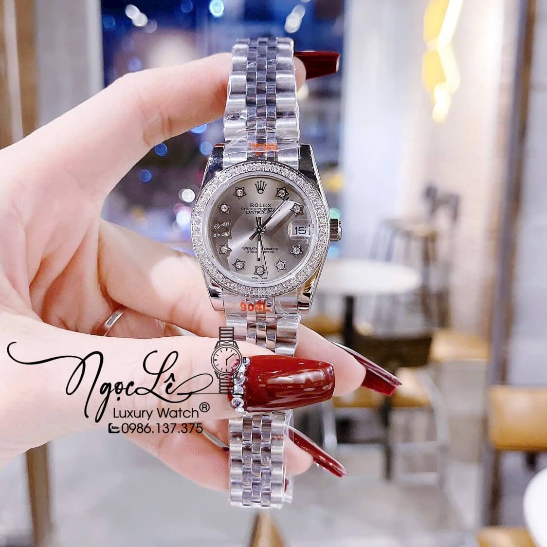 Đồng Hồ Nữ Rolex Datejust Máy Pin Dây Kim Loại Bạc Mặt Xám Đính Đá 32mm