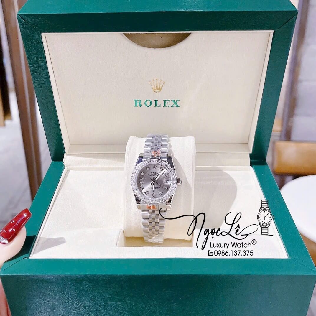Đồng Hồ Nữ Rolex Datejust Máy Pin Dây Kim Loại Bạc Mặt Xám Đính Đá 32mm