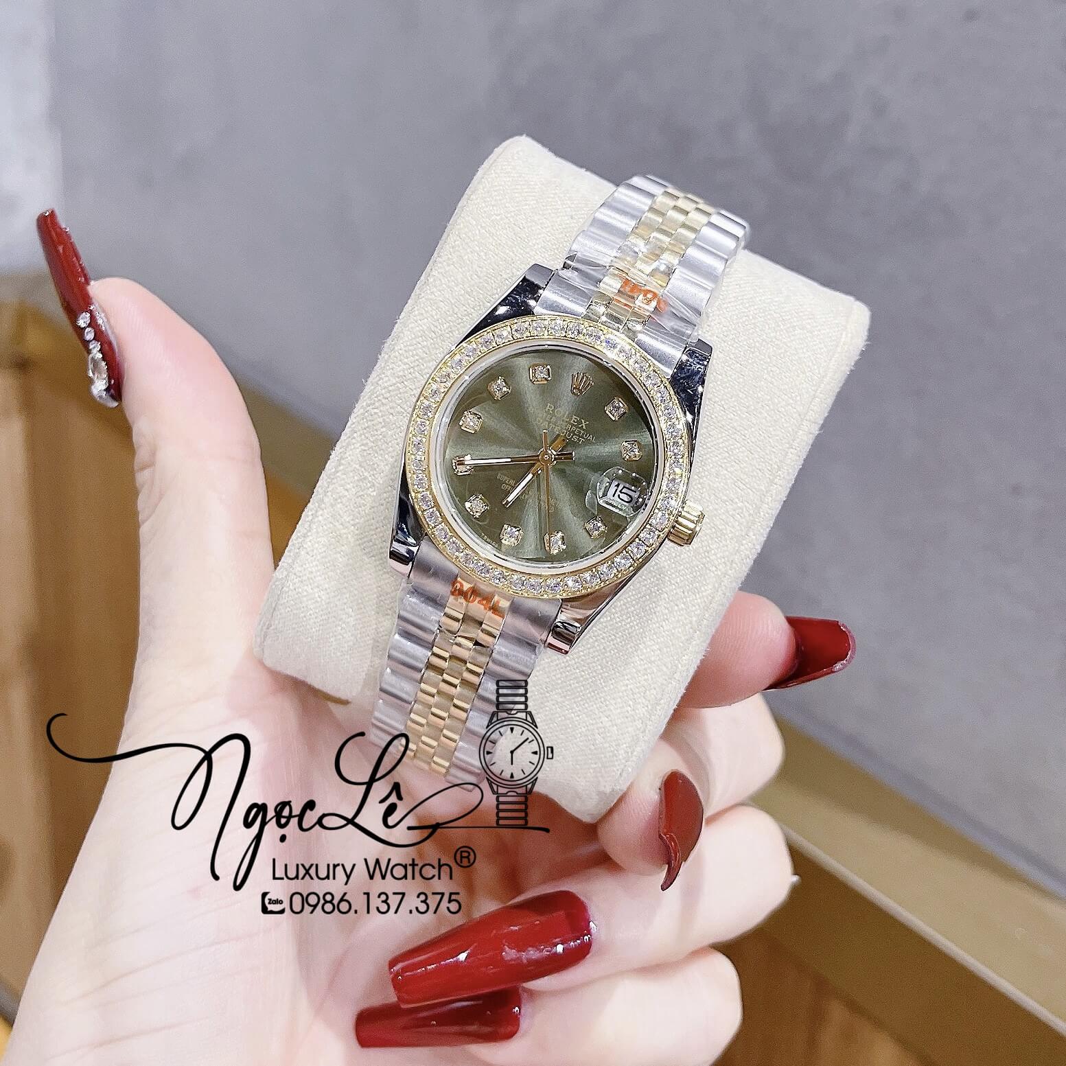 Đồng Hồ Nữ Rolex Datejust Máy Pin Dây Kim Loại Demi Gold Mặt Xanh Rêu Đính Đá 32mm