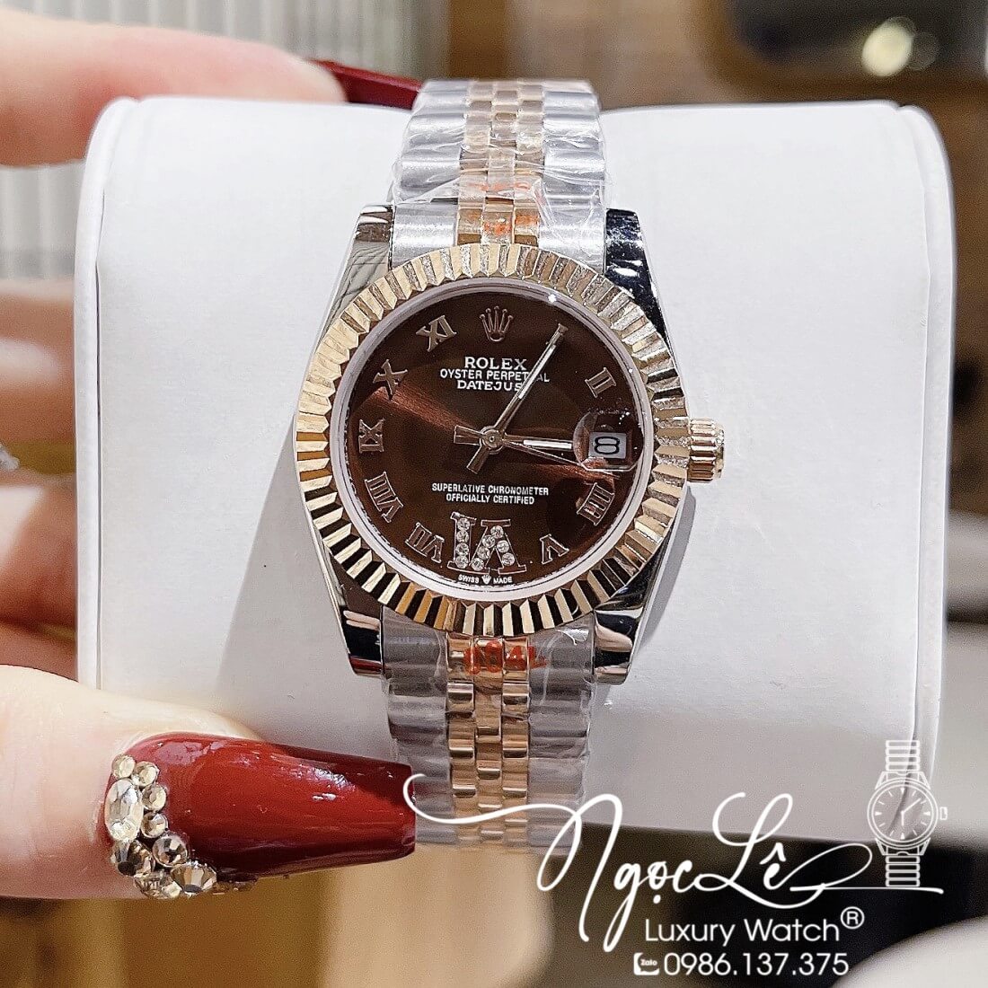 Đồng Hồ Nữ Rolex Datejust Máy Pin Niềng Khía 31mm Màu Demi Rose Mặt Nâu