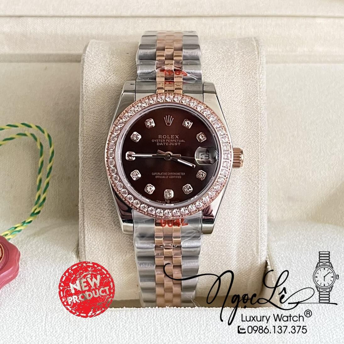 Đồng Hồ Nữ Rolex Datejust Dây Kim Loại Demi Rose Mặt Nâu Đính Đá 32mm