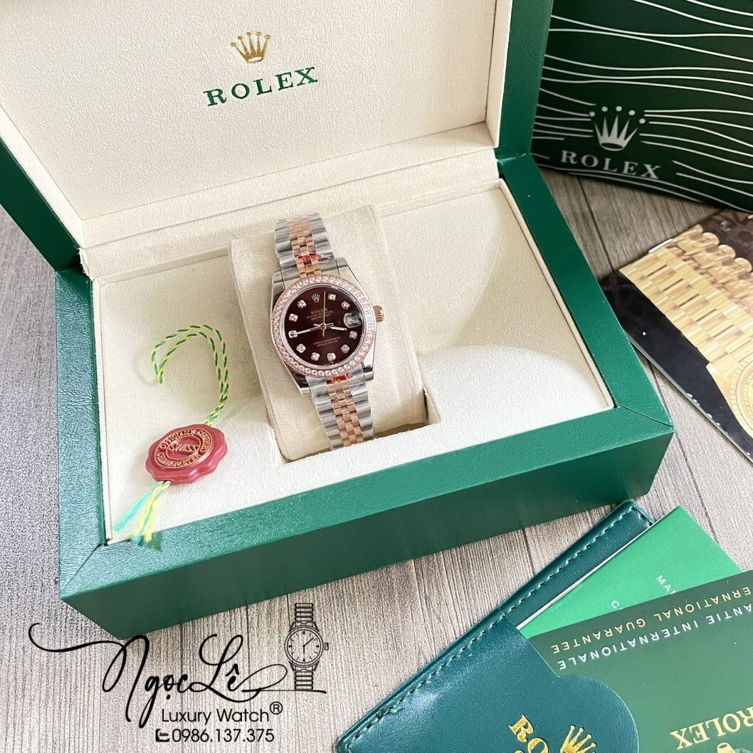 Đồng Hồ Nữ Rolex Datejust Dây Kim Loại Demi Rose Mặt Nâu Đính Đá 32mm
