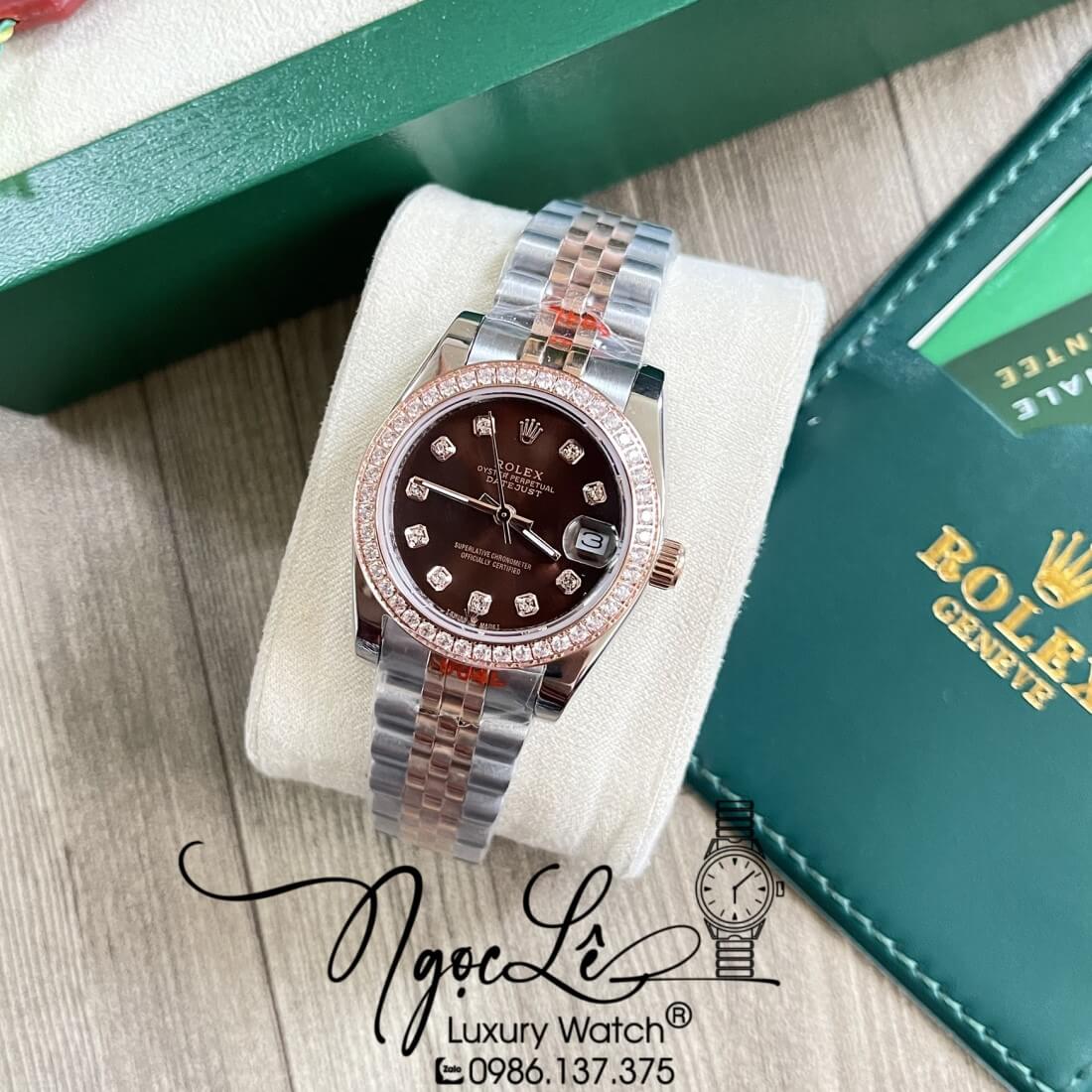 Đồng Hồ Nữ Rolex Datejust Dây Kim Loại Demi Rose Mặt Nâu Đính Đá 32mm