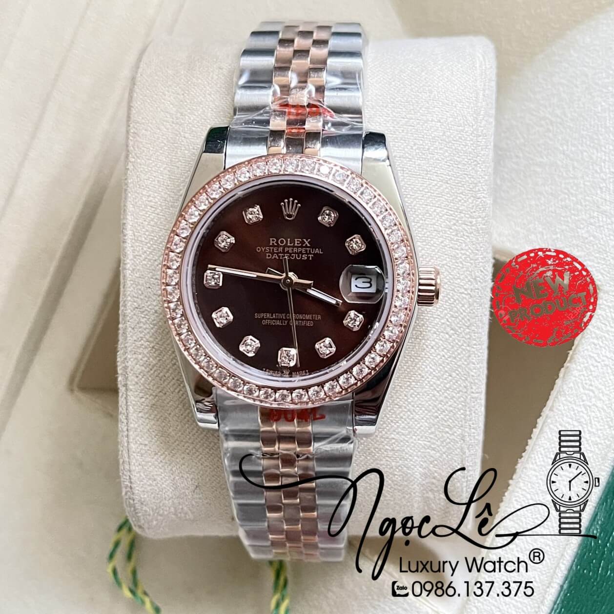 Đồng Hồ Nữ Rolex Datejust Dây Kim Loại Demi Rose Mặt Nâu Đính Đá 32mm