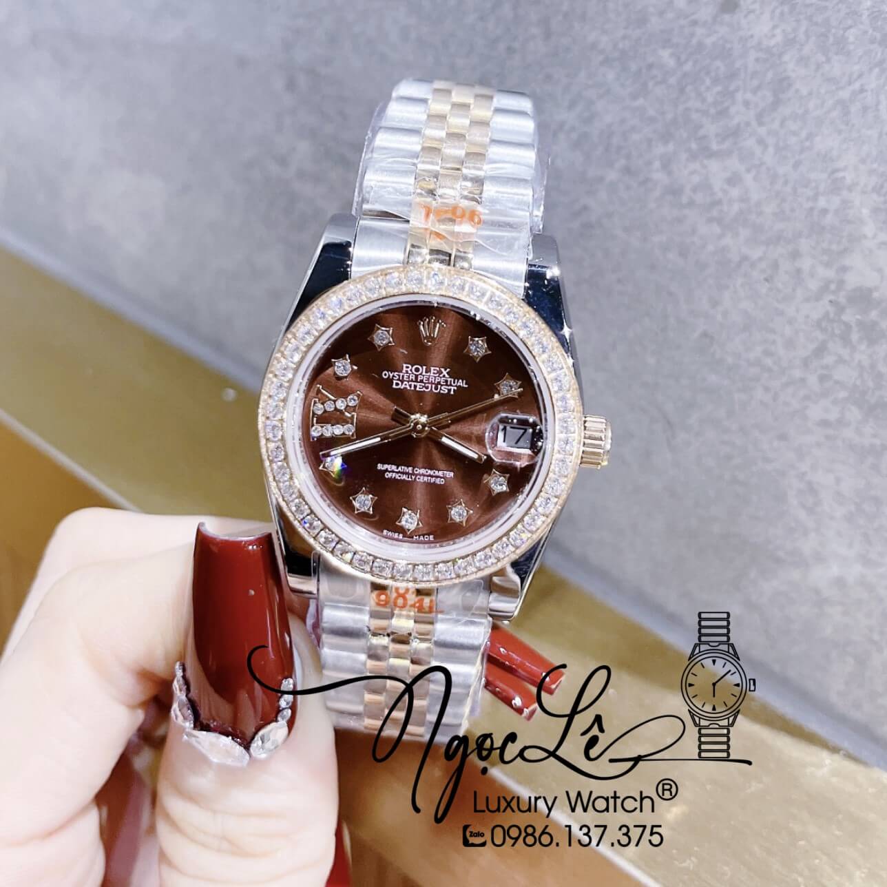 Đồng Hồ Nữ Rolex Datejust Máy Pin Dây Kim Loại Demi Rose Mặt Nâu Đính Đá 32mm