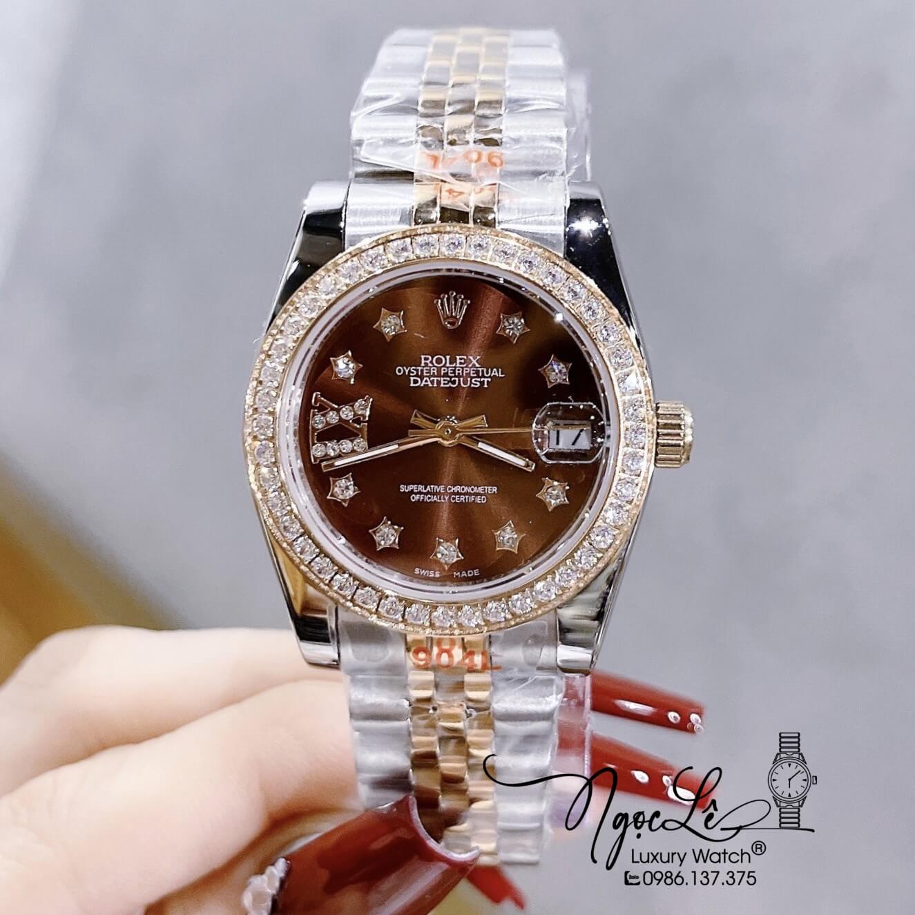 Đồng Hồ Nữ Rolex Datejust Máy Pin Dây Kim Loại Demi Rose Mặt Nâu Đính Đá 32mm