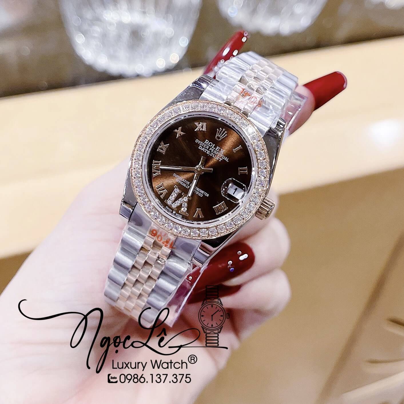 Đồng Hồ Nữ Rolex Datejust Máy Pin Dây Kim Loại Demi Rose Mặt Nâu Đính Đá 32mm