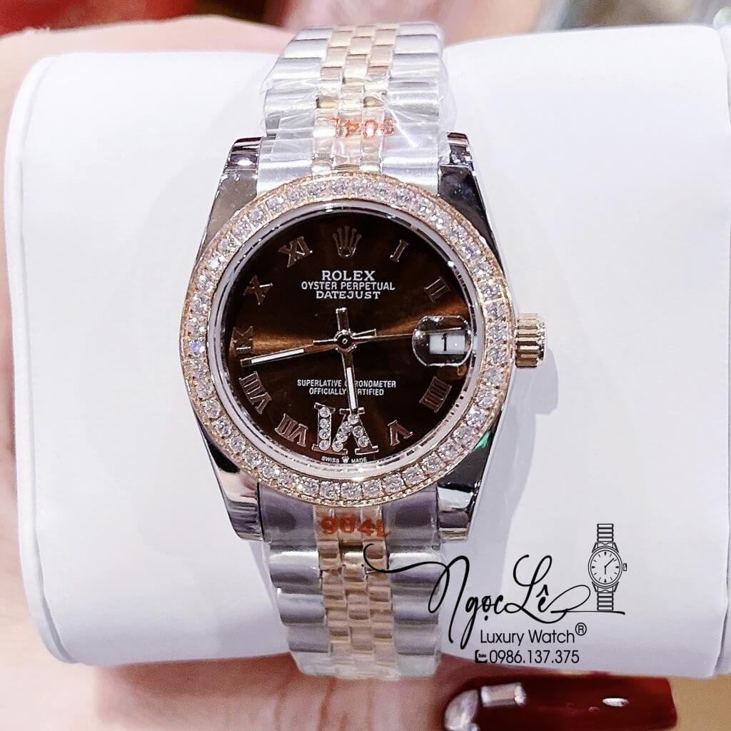 Đồng Hồ Nữ Rolex Datejust Máy Pin Dây Kim Loại Demi Rose Mặt Nâu Đính Đá 32mm