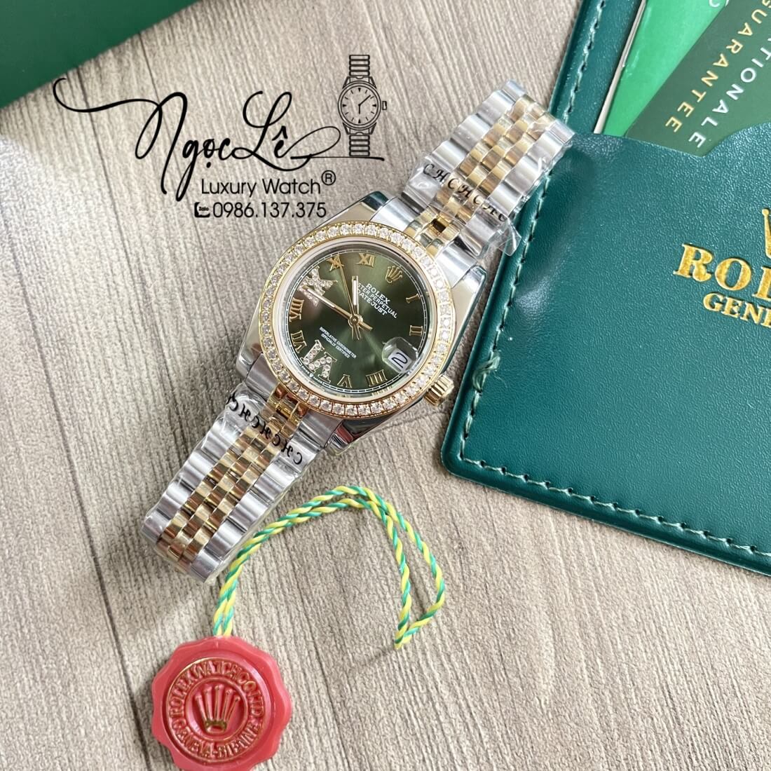 Đồng Hồ Nữ Rolex Datejust Dây Kim Loại Demi Vàng Mặt Xanh Rêu Đính Đá 32mm