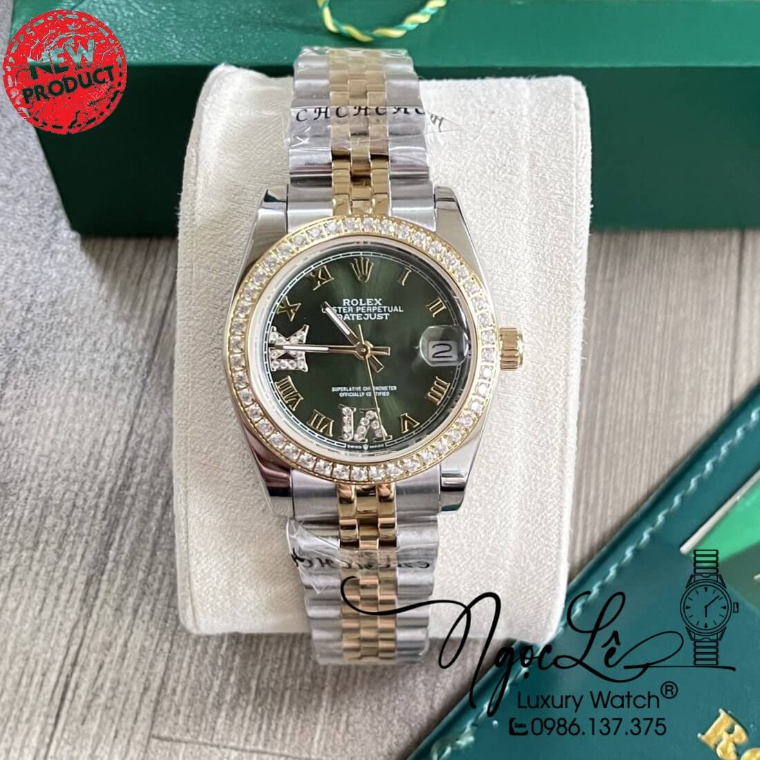 Đồng Hồ Nữ Rolex Datejust Dây Kim Loại Demi Vàng Mặt Xanh Rêu Đính Đá 32mm
