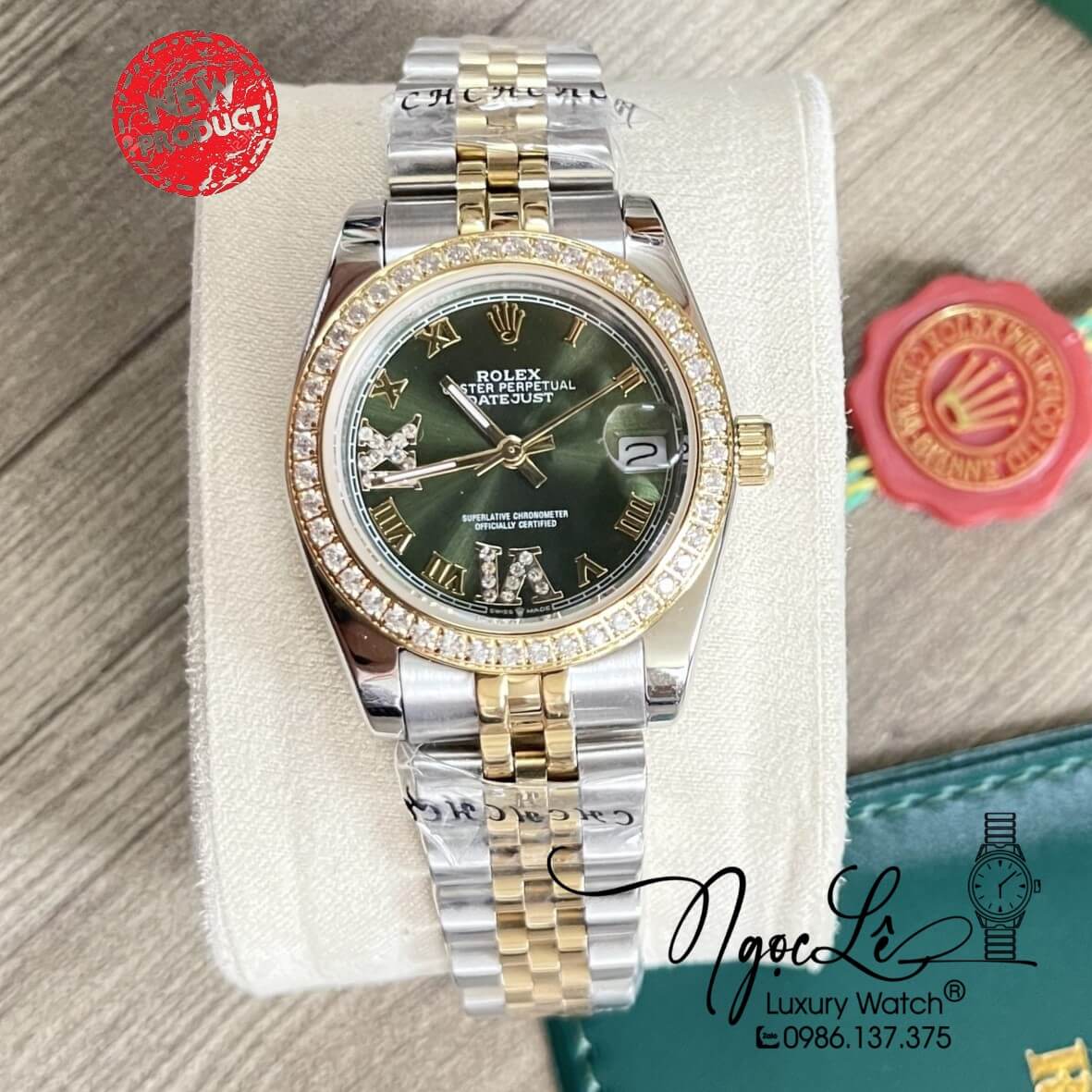 Đồng Hồ Nữ Rolex Datejust Dây Kim Loại Demi Vàng Mặt Xanh Rêu Đính Đá 32mm