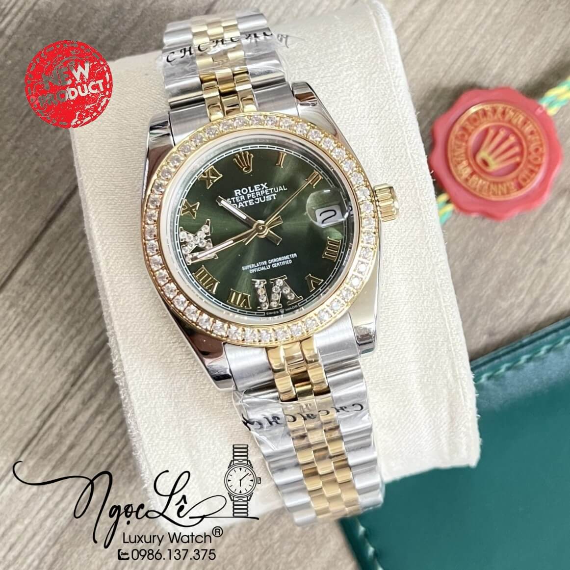 Đồng Hồ Nữ Rolex Datejust Dây Kim Loại Demi Vàng Mặt Xanh Rêu Đính Đá 32mm