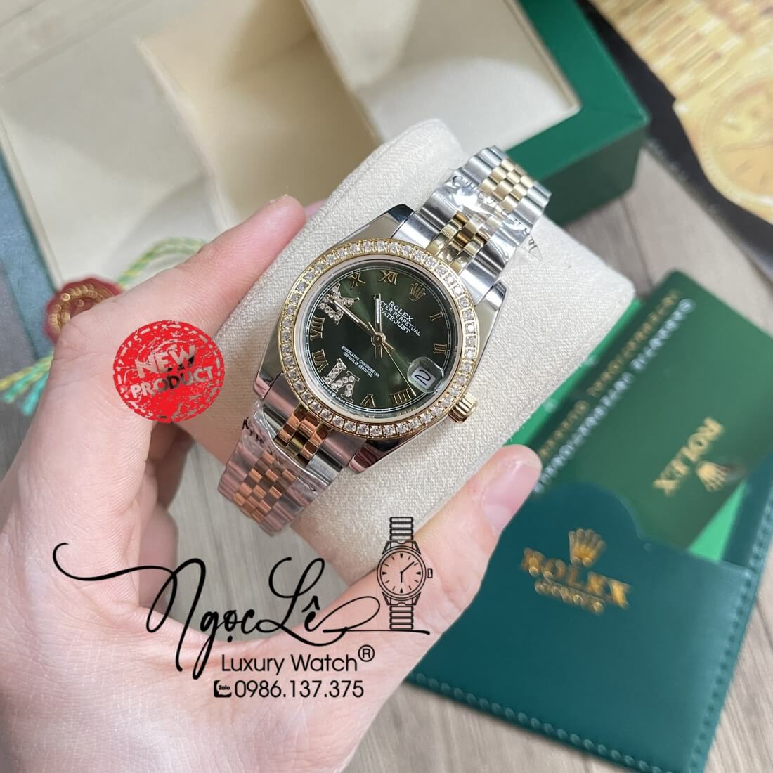 Đồng Hồ Nữ Rolex Datejust Dây Kim Loại Demi Vàng Mặt Xanh Rêu Đính Đá 32mm