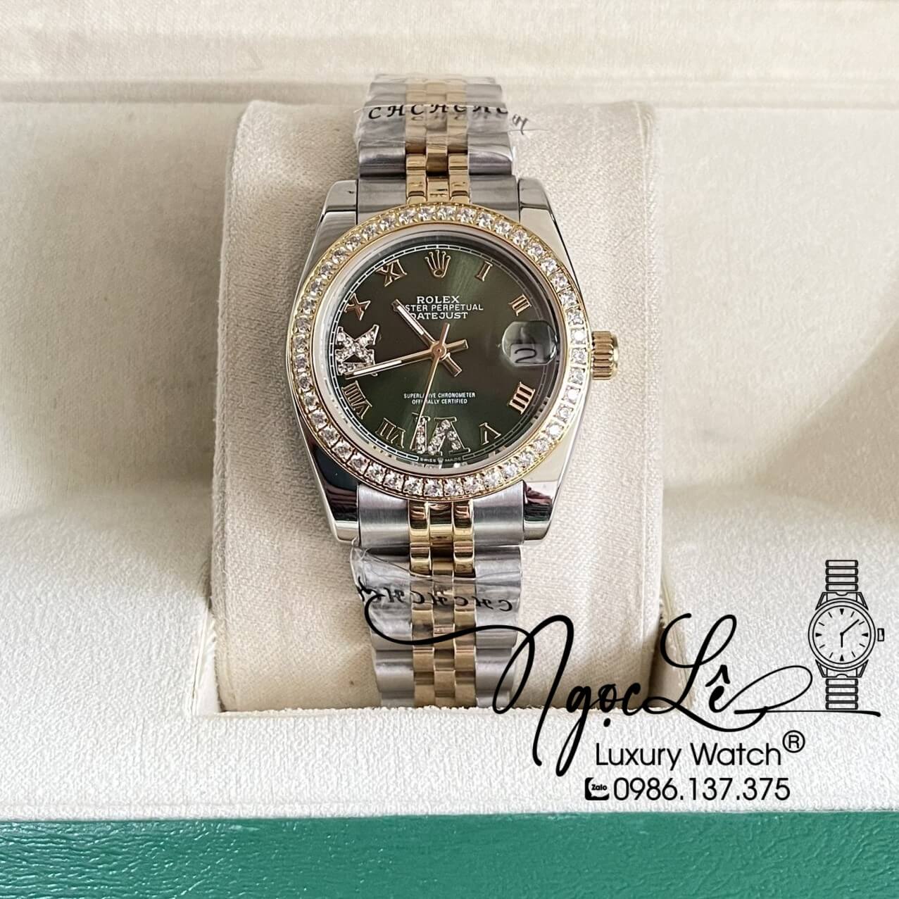 Đồng Hồ Nữ Rolex Datejust Dây Kim Loại Demi Vàng Mặt Xanh Rêu Đính Đá 32mm