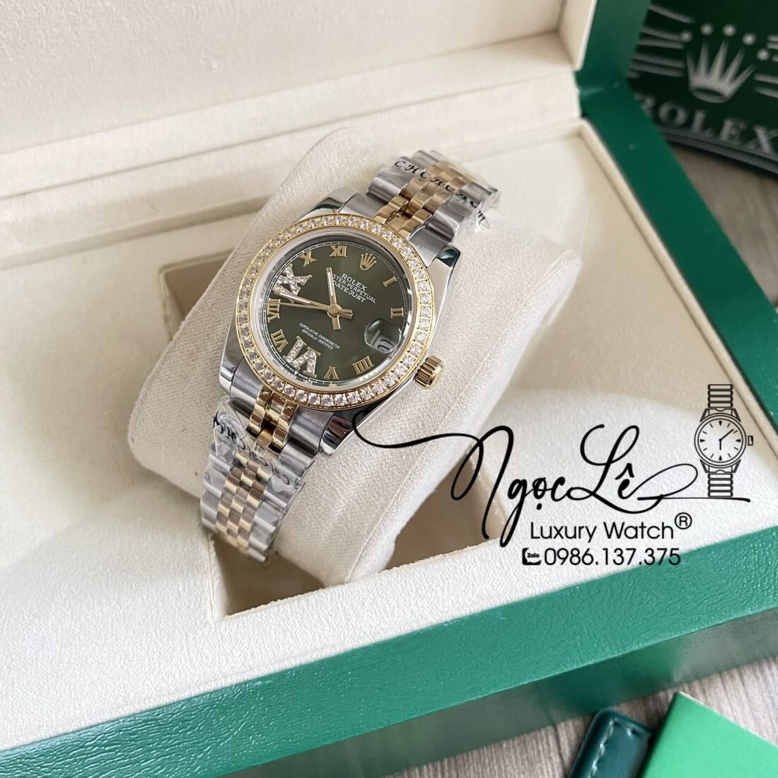 Đồng Hồ Nữ Rolex Datejust Dây Kim Loại Demi Vàng Mặt Xanh Rêu Đính Đá 32mm