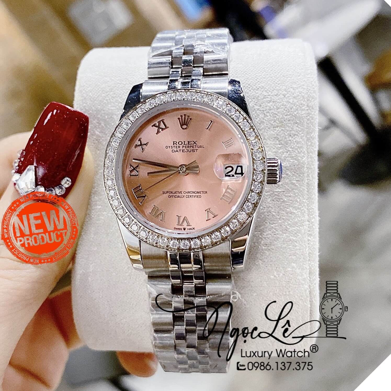 Đồng Hồ Rolex Datejust Nữ Máy Cơ Tự Động Dây Kim Loại Bạc Mặt Hồng Đính Đá Size 31mm