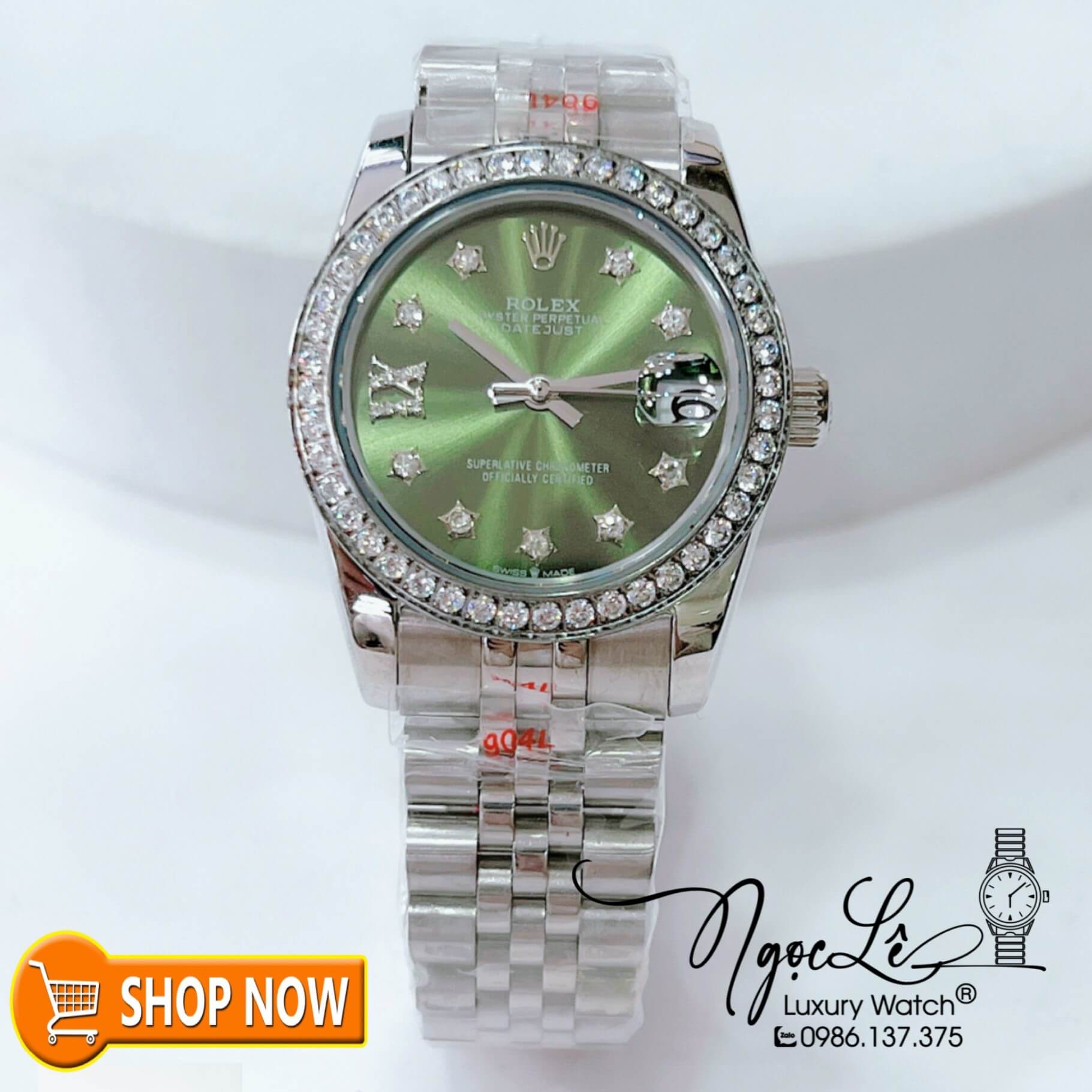 Đồng Hồ Rolex Datejust Nữ Máy Cơ Tự Động Bạc Mặt Xanh Đính Đá Size 31mm