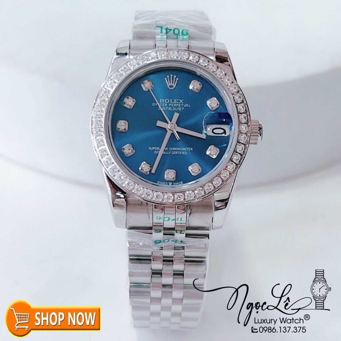 Đồng Hồ Rolex Datejust Nữ Máy Cơ Tự Động Bạc Mặt Xanh Dương Đính Đá Size 31mm