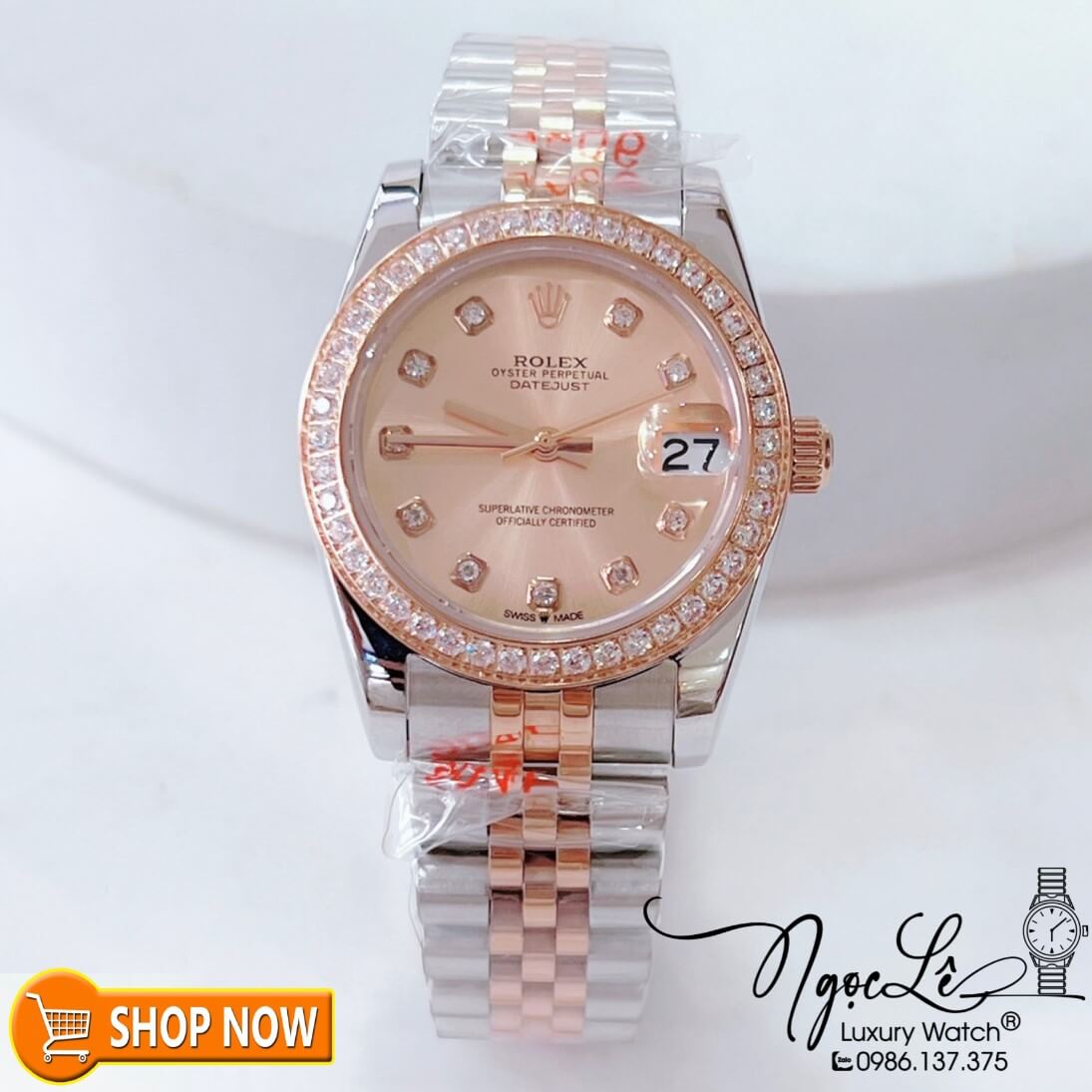 Đồng Hồ Rolex Datejust Nữ Máy Cơ Tự Động Demi Mặt Rose Đính Đá Size 31mm