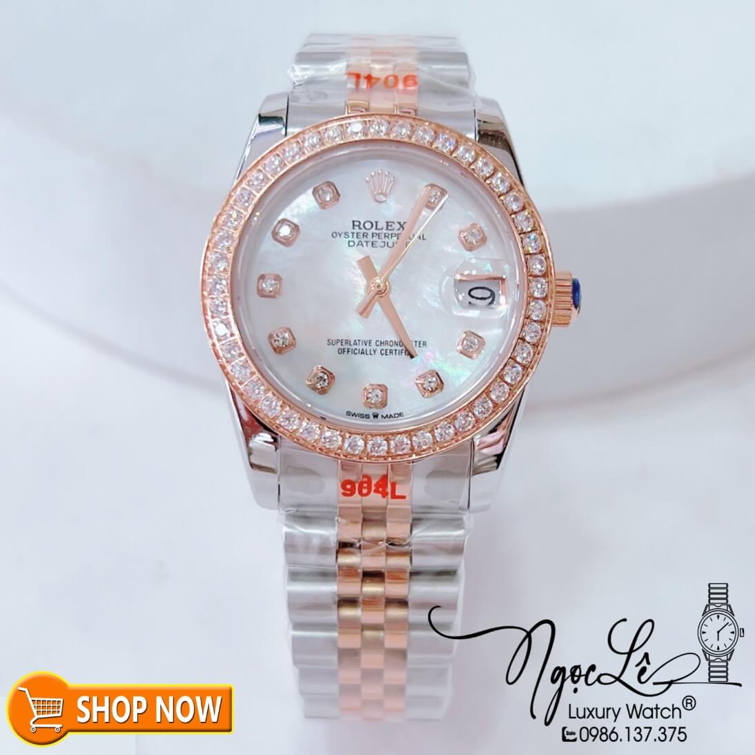 Đồng Hồ Rolex Datejust Nữ Máy Cơ Tự Động Demi Rose Mặt Trắng Xà Cừ Đính Đá Size 31mm