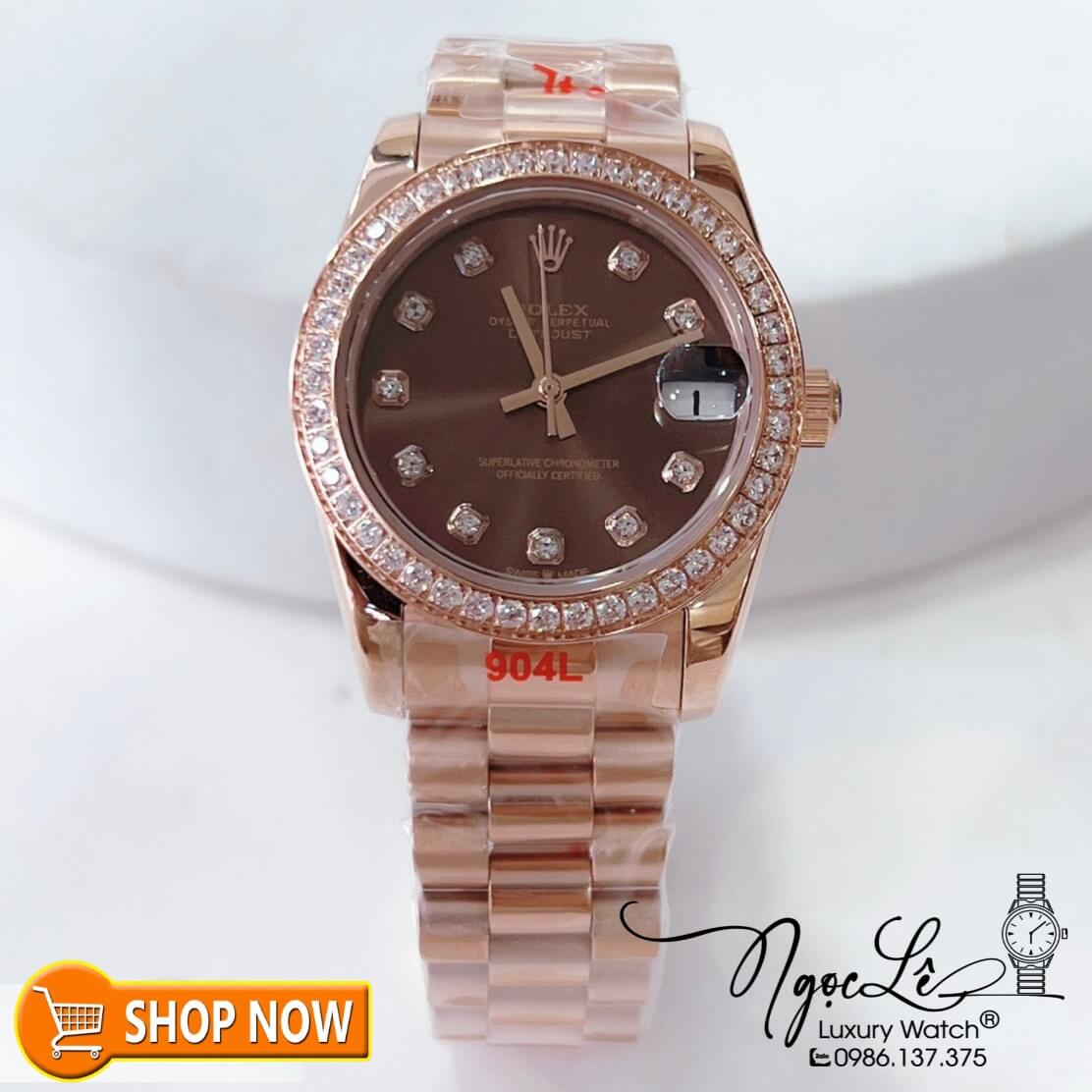 Đồng Hồ Rolex Datejust Nữ Máy Cơ Tự Động Rose Mặt Nâu Đính Đá Size 31mm