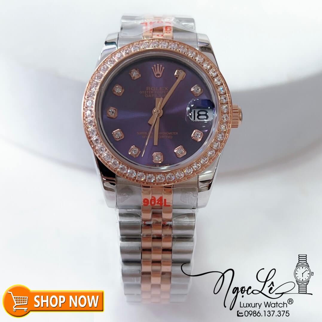 Đồng Hồ Rolex Datejust Nữ Máy Cơ Tự Động Demi Rose Mặt Tím Đính Đá Size 31mm